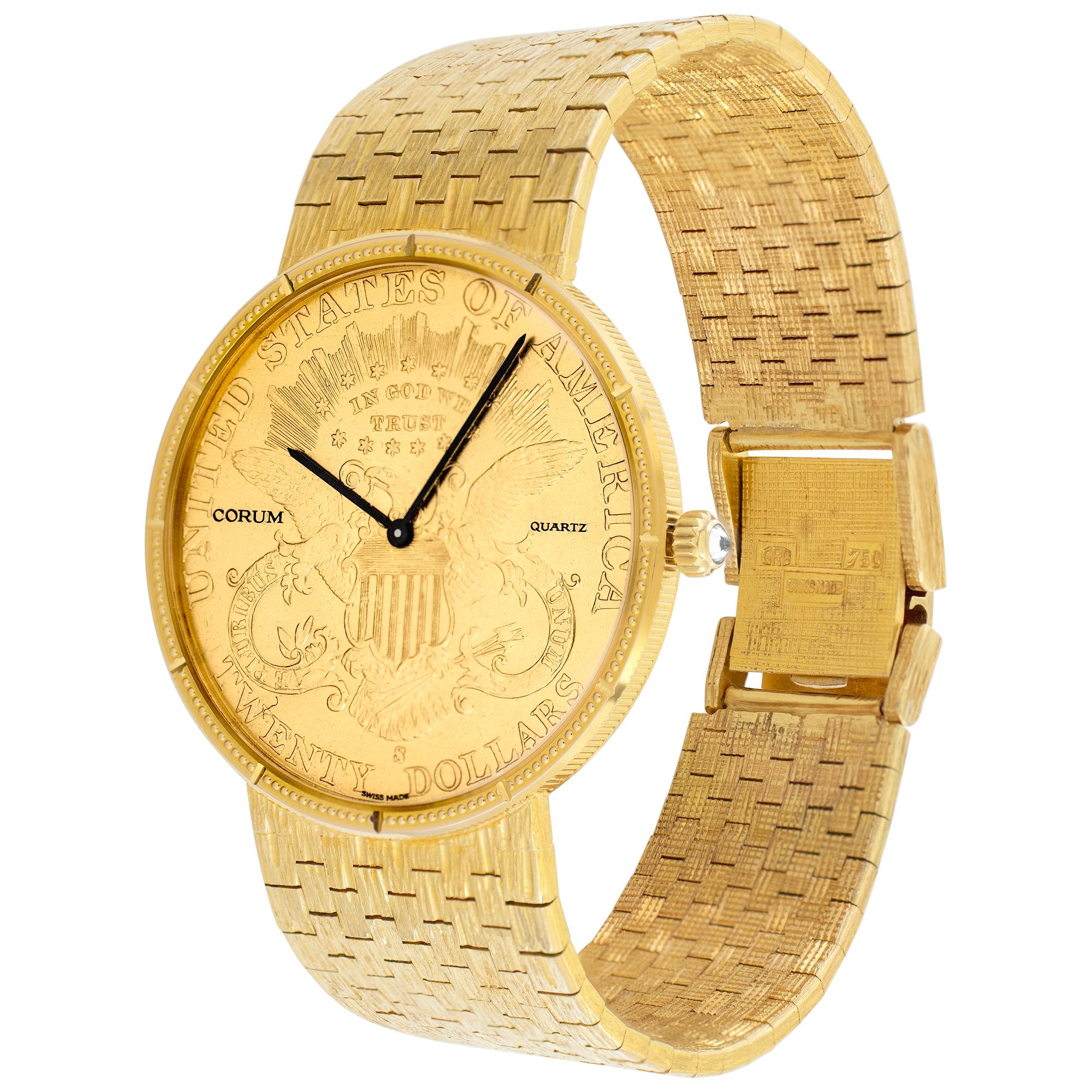 Corum $20 gold coin in 18k, with original diamond crown on 18k mesh band. Will fit up to 6.75