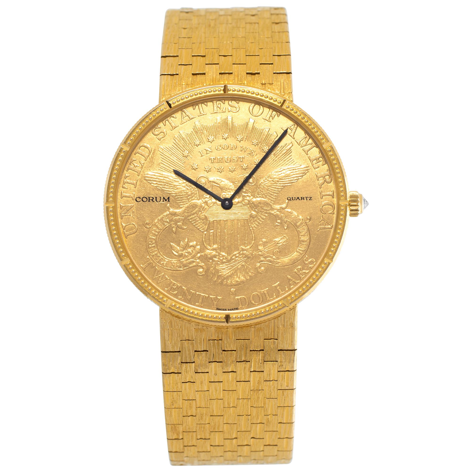 Corum $20 Goldstück 5014556 in Gelbgold mit 35-mm-Quarz-Uhr mit goldenem Zifferblatt und Goldzifferblatt