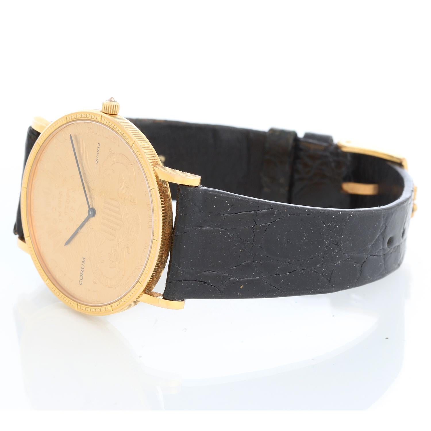 Corum $20 Liberty Double Eagle Gold Coin Men's 36mm Quartz Watch - Quartz. 18k yellow gold case with Liberty Double Eagle U.S. Twenty Dollar 1892 Liberty Coin (36mm diameter). 1892 U.S. $20 Liberty Double Eagle 22k Gold Coin. Black leather Corum