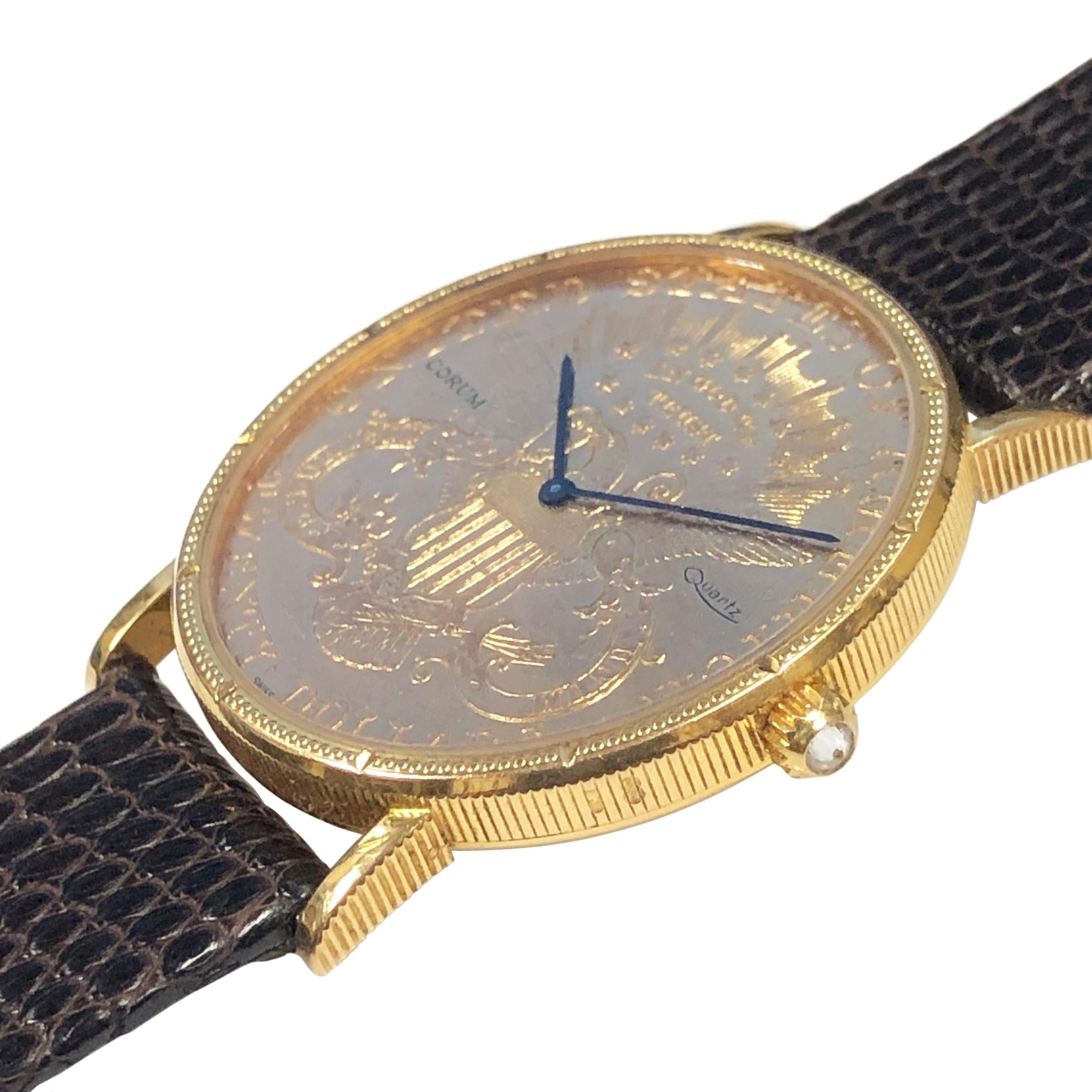 Corum $20 Dollar U.S. Gold Coin Wrist Watch, made form two 1877 Liberty $20 Gold pieces set in a 35 M.M. 18K Yellow Gold case with Coin edge and a Diamond set Crown.  Quartz Movement, New Brown Lizard strap with original Corum Gold Plaque Buckle,