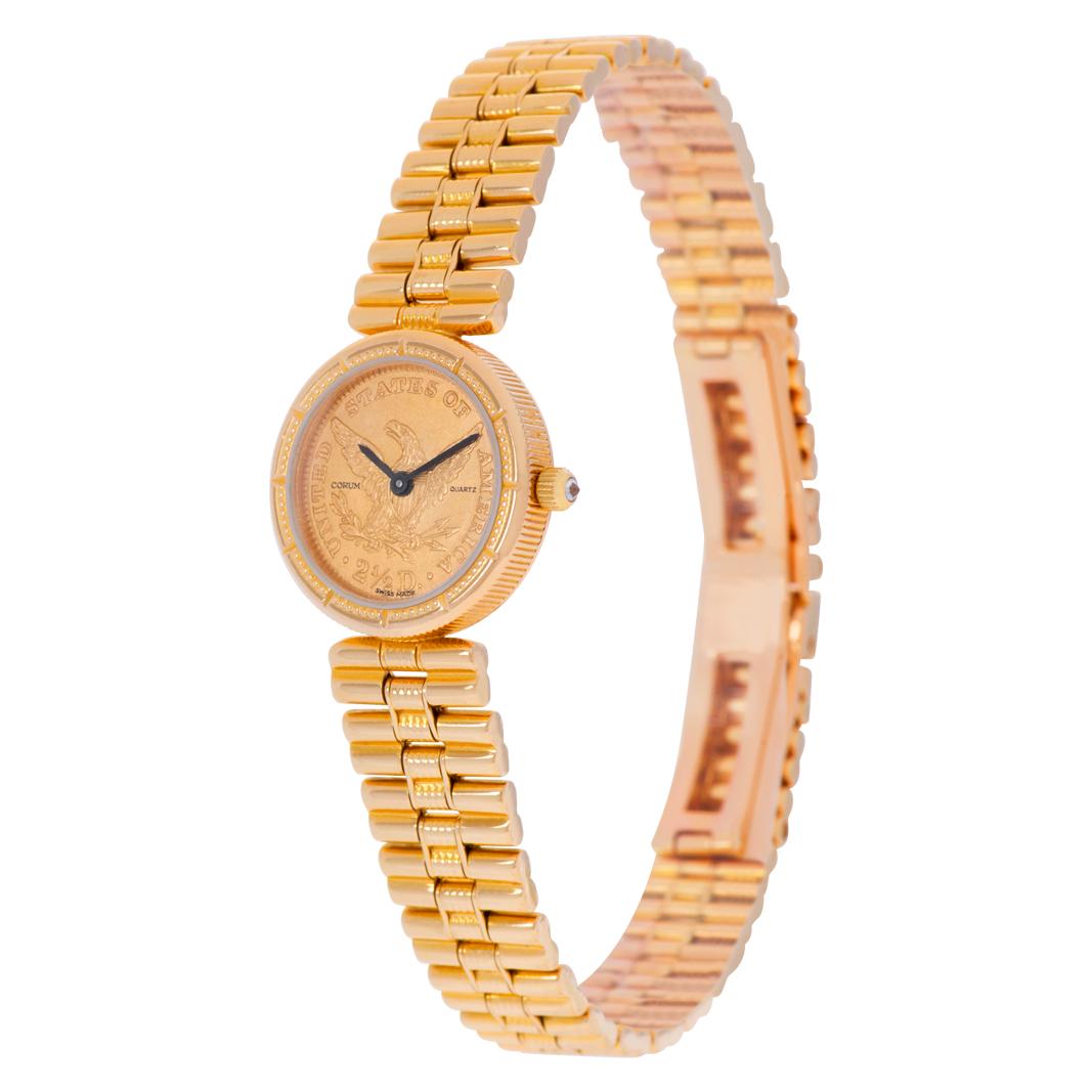 Corum $2.50 gold coin watch in 18k yellow gold on 18k link bracelet. Quartz. 21 mm case size. Ref 1852. Circa 2000s. Fine Pre-owned Corum Watch.  Certified preowned Dress Corum $2.50 gold coin watch is made out of yellow gold on a 18k bracelet with
