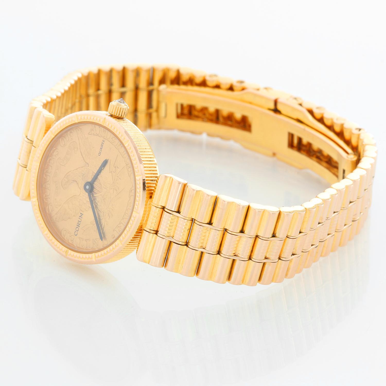 Corum $5 18k Yellow Gold Coin Ladies Watch - Quartz . 18k yellow gold coin (23 mm). 18k yellow gold coin dated 1886. 18k yellow gold Corum bracelet ; Will fit up to a 6 1/4 inch wrist . Pre-owned with custom box .