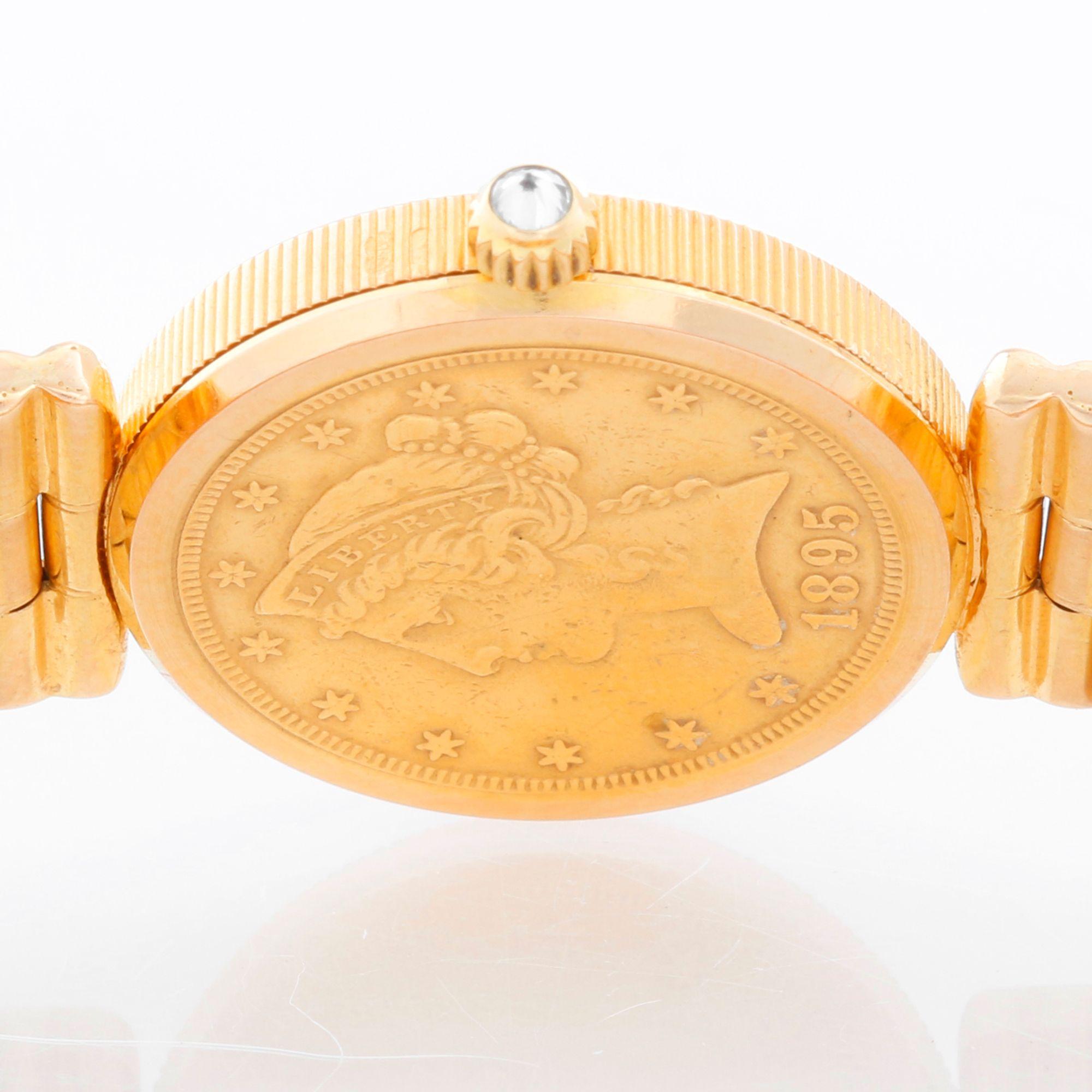 Corum $5 18k Yellow Gold Coin Ladies Watch - Quartz . 18k yellow gold coin (23 mm). 18k yellow gold coin dated 1886. 18k yellow gold Corum bracelet ; Will fit up to a 6 1/4 inch wrist . Pre-owned with custom box .