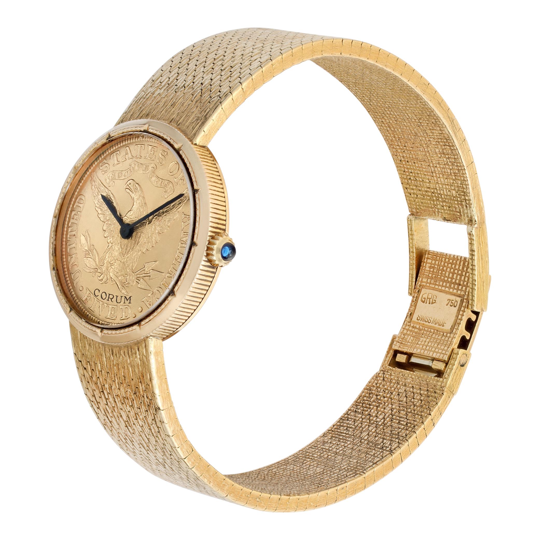 Corum $5 Coin watch in 18k yellow gold on an 18k mesh bracelet. Fits up to 6.25 inches wrist. Manual. 24 mm case size. Fine Pre-owned Corum Watch.

 Certified preowned Dress Corum $5 Coin watch is made out of yellow gold on a 18k bracelet with a 18k