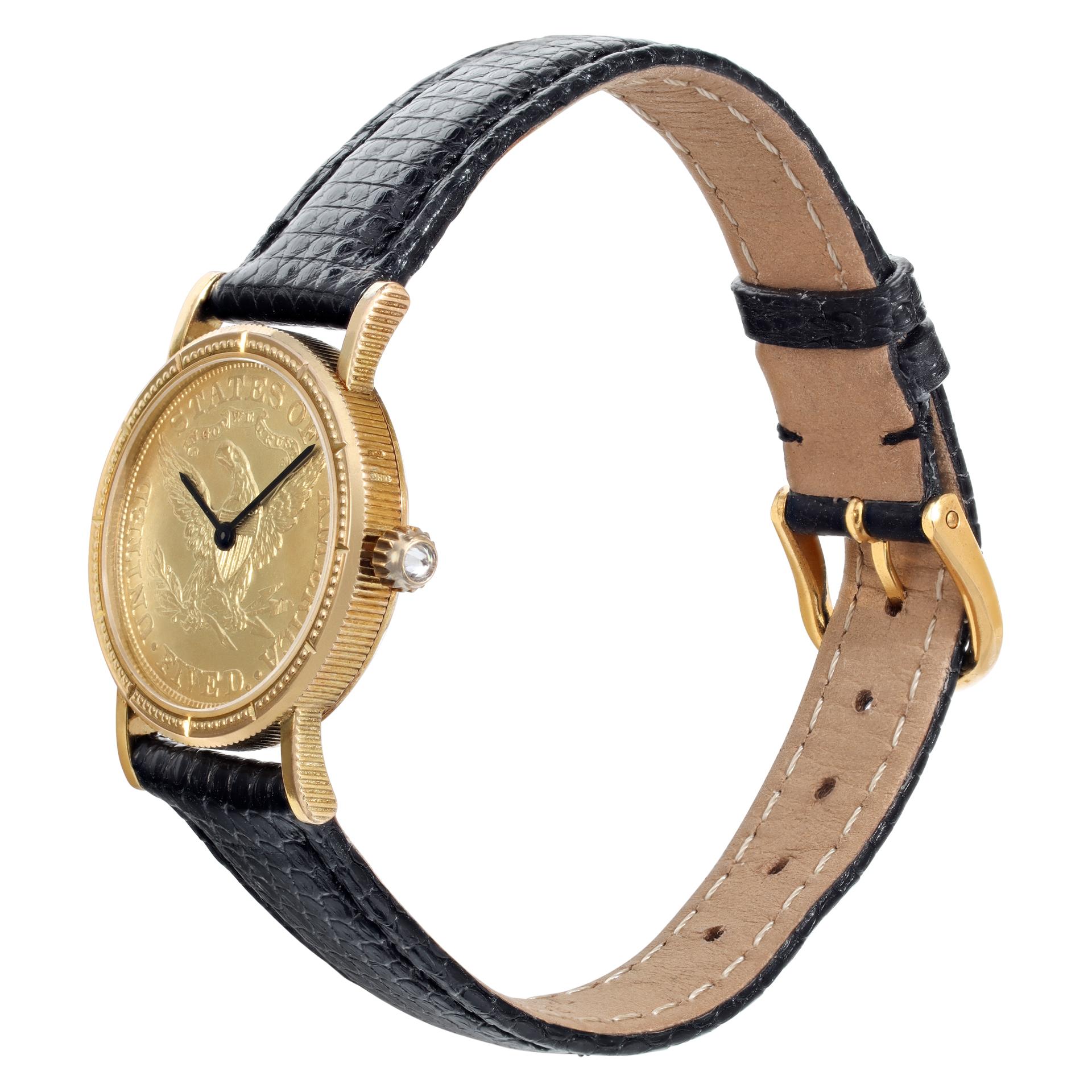 Corum $5 Coin in 18k yellow gold with diamond crown on leather strap. Quartz. 25 mm case size. Circa 1990s. Fine Pre-owned Corum Watch.

 Certified preowned Classic Corum $5 Coin watch is made out of yellow gold on a Black Lizard strap with a plaque