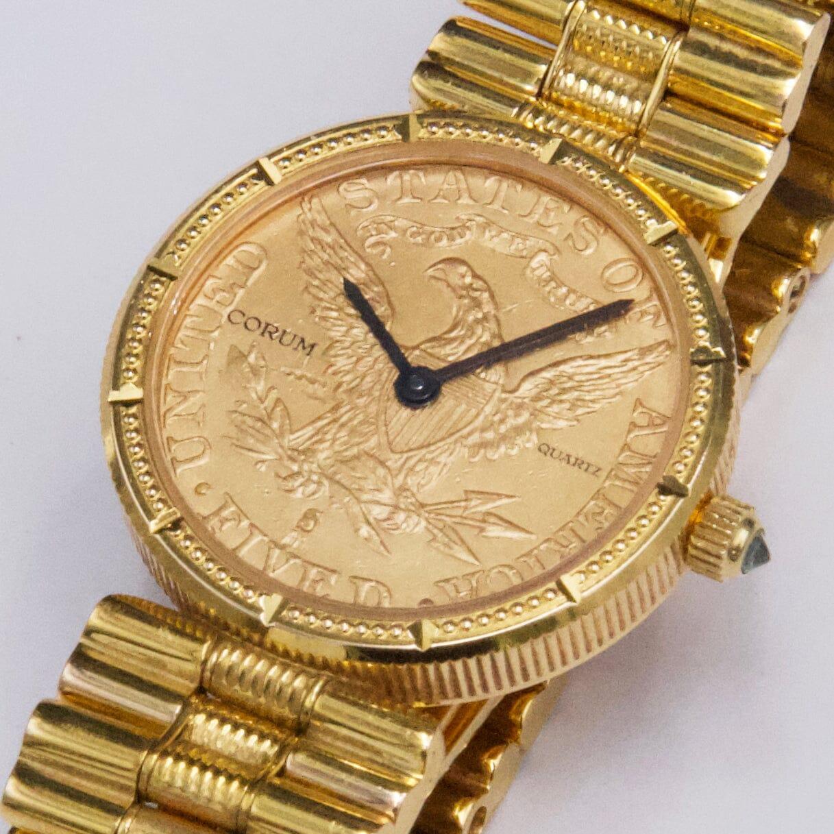 Corum $5 Coin Eagle-Liberty 4730156 18K Yellow Gold Ladies Watch Box Papers In Good Condition For Sale In Great Neck, NY
