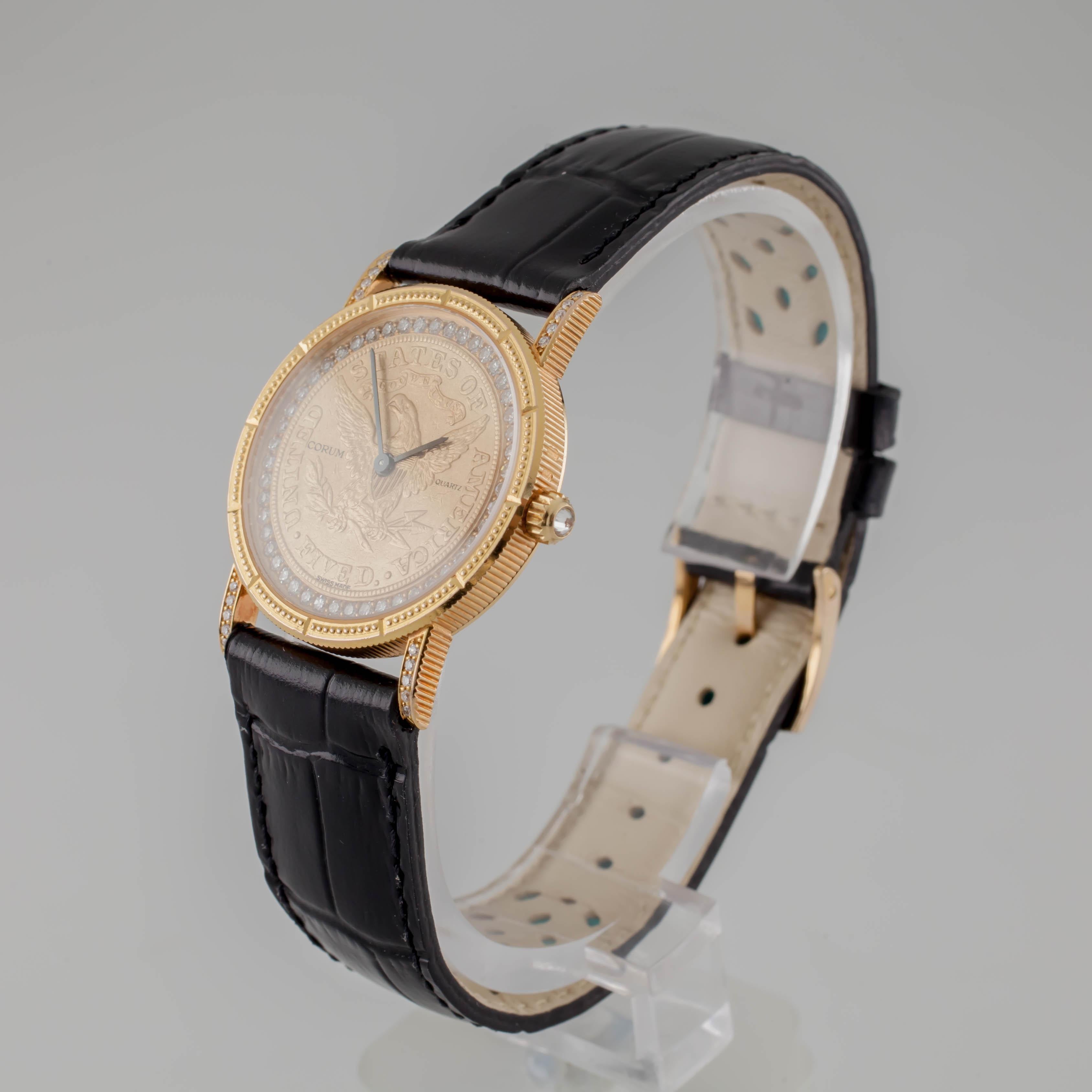 Corum $5 Eagle Quartz 18 Karat Gold Watch with Inner Diamond Bezel Leather Band In Good Condition In Sherman Oaks, CA