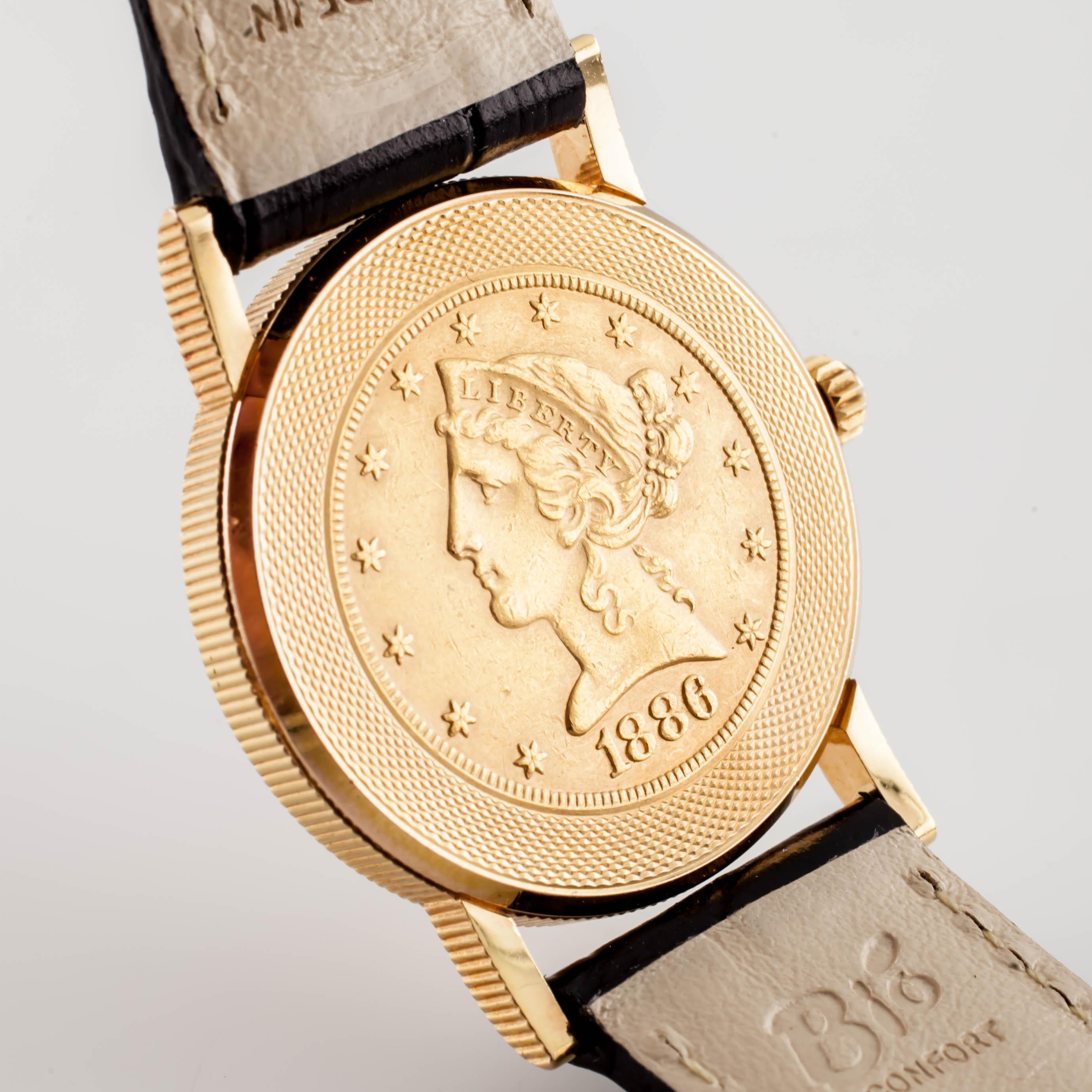 Women's or Men's Corum $5 Eagle Quartz 18 Karat Gold Watch with Inner Diamond Bezel Leather Band