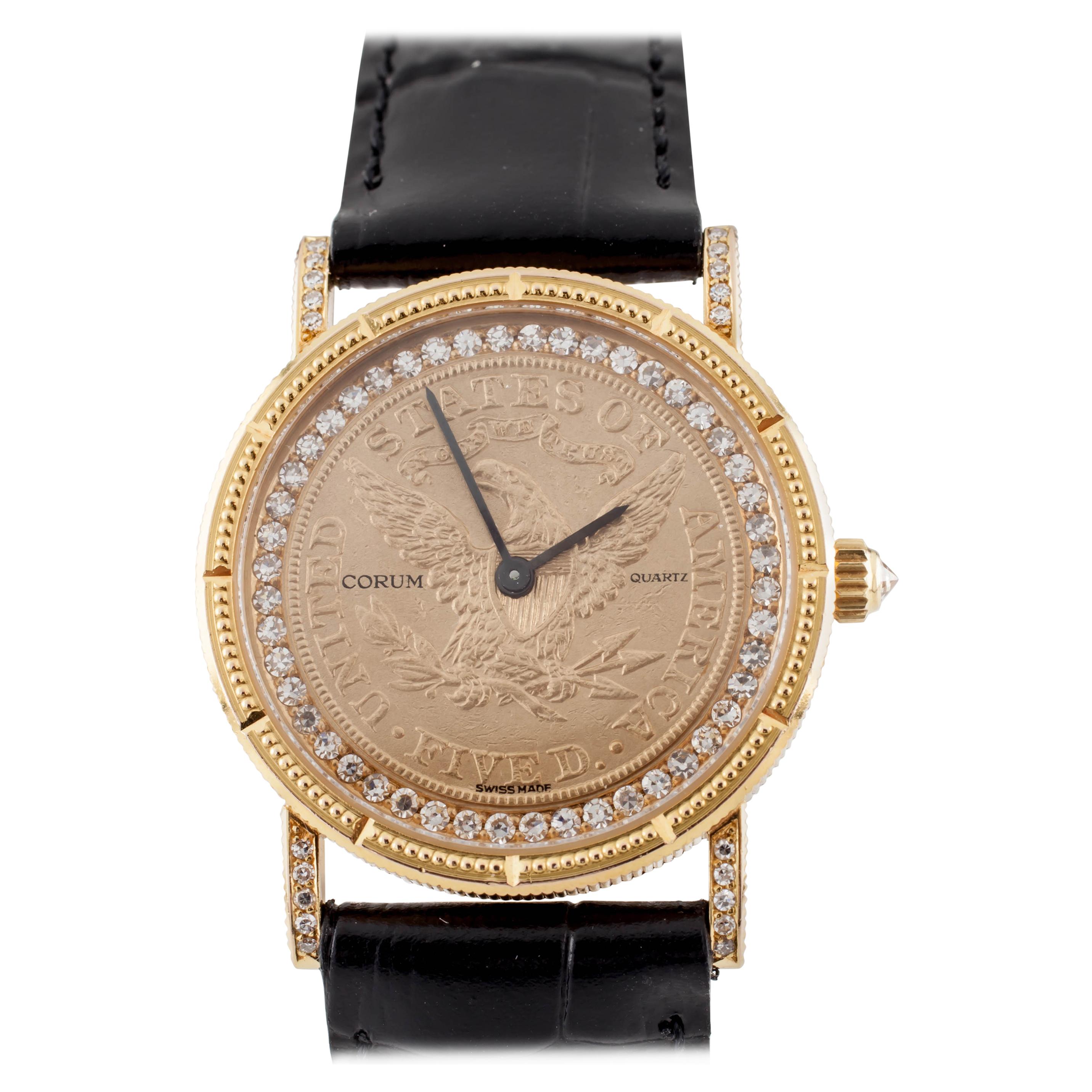 Corum $5 Eagle Quartz 18 Karat Gold Watch with Inner Diamond Bezel Leather Band