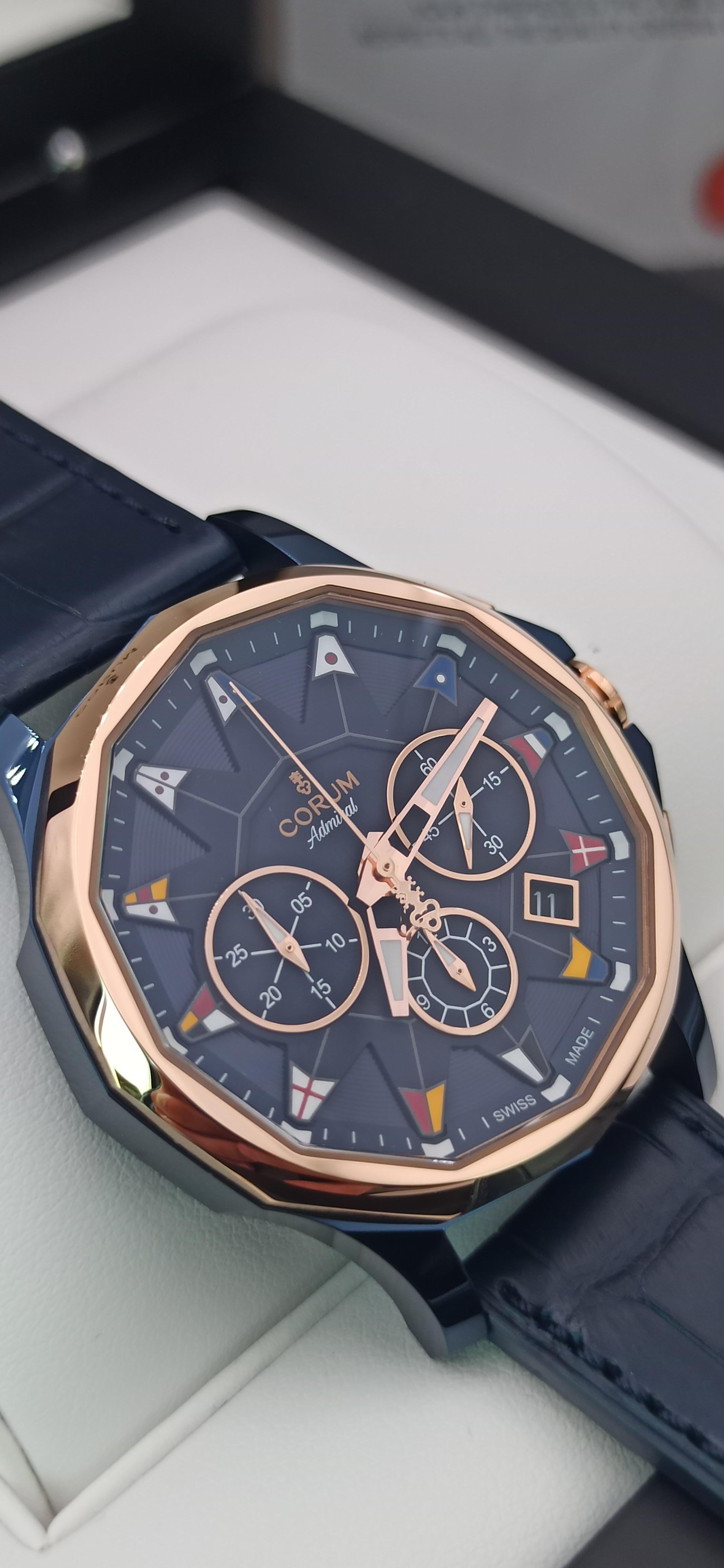 Corum Admiral Cup, Chronograph,  
18kt rose gold and PVD Steel case,  42 mm diameter,
Automatic Chronograph,  
Very nice CORUM watch made in  limited production 