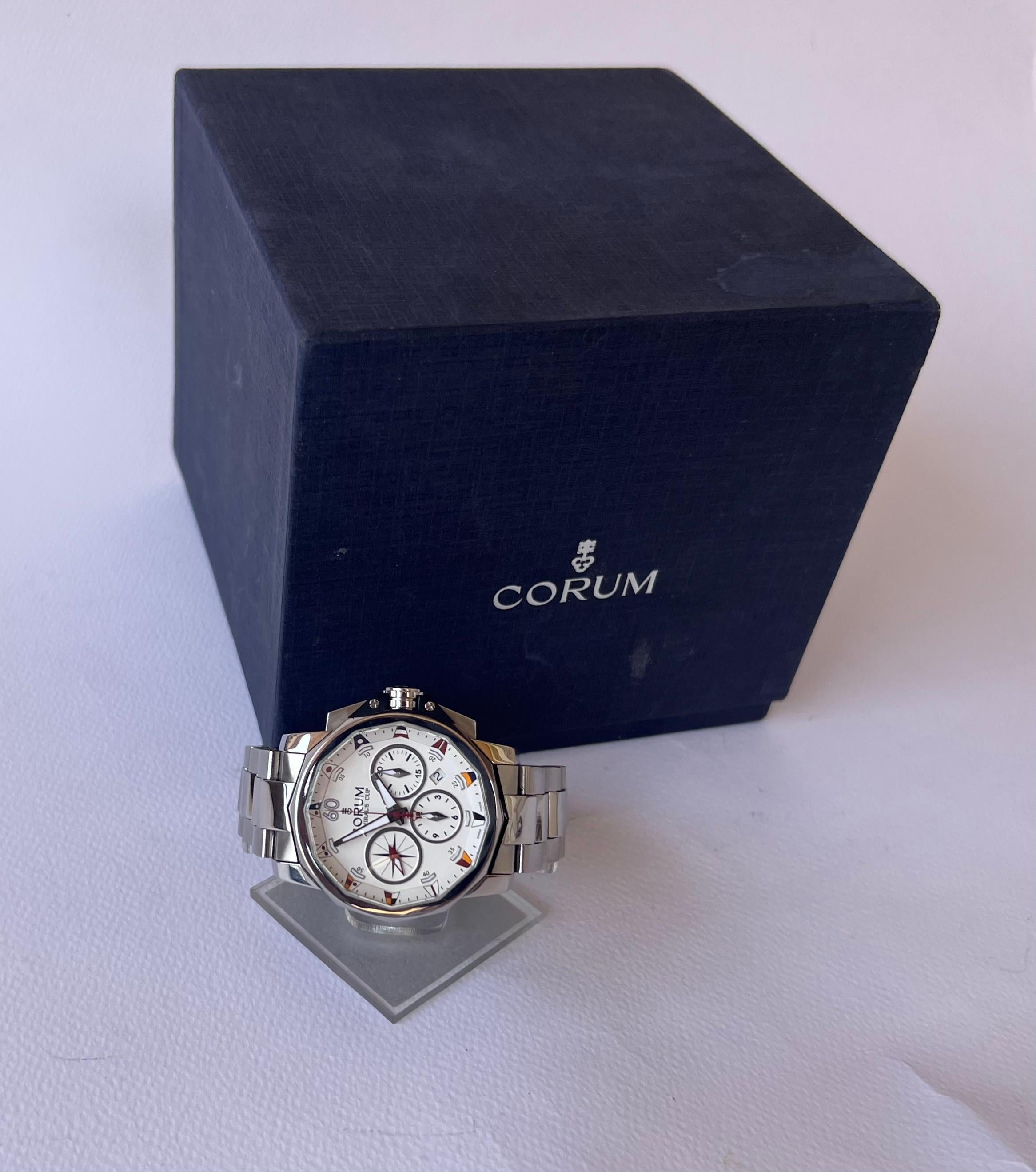 Brand : Corum

Model: Admirals Cup

Reference Number : 01.0007

Features : Chronograph - Stainless Steel

Country Of Manufacture: Switzerland

Movement: Automatic

Measurements : 44 mm diameter (excluding crown )

Band Type : Stainless Steel

Band