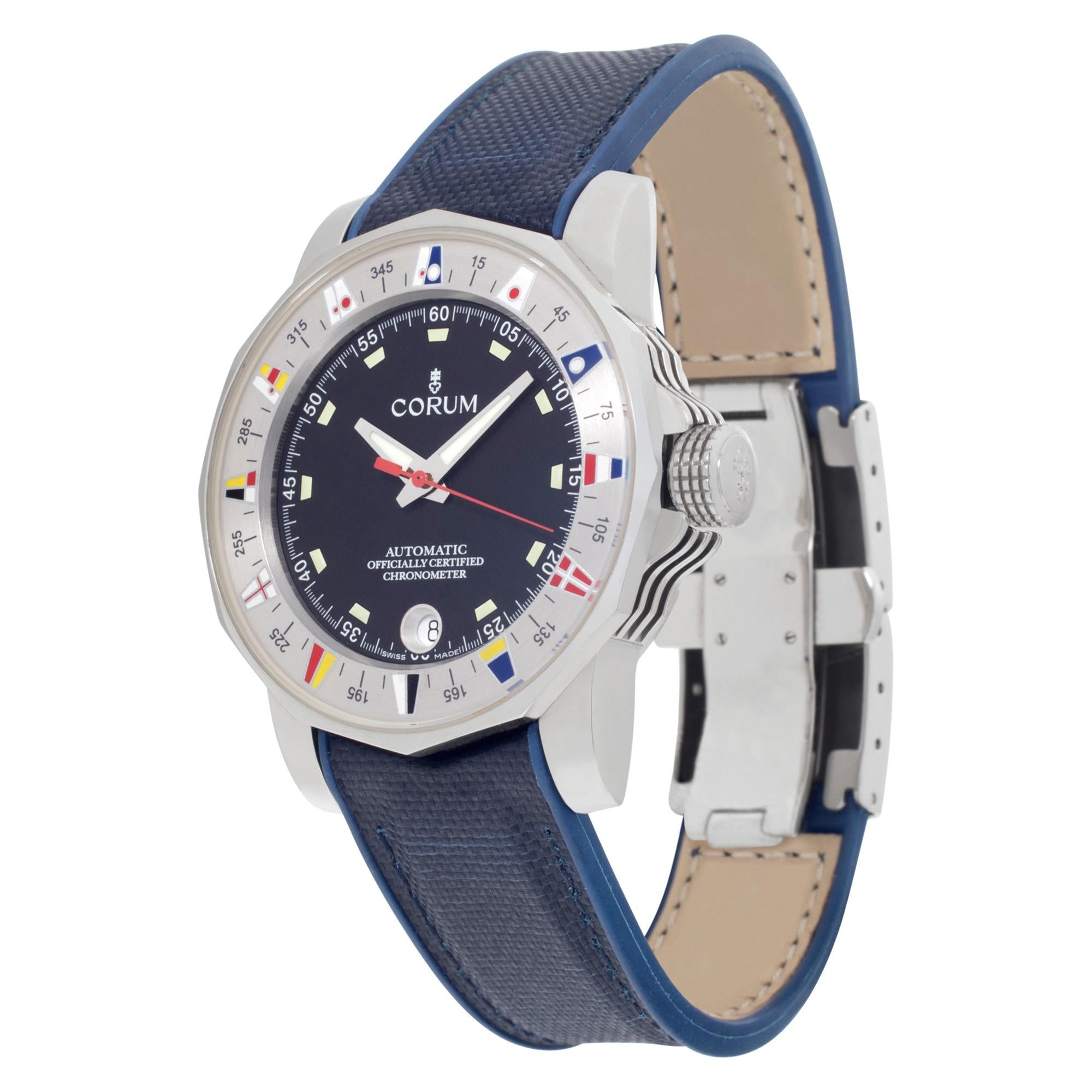 Corum Admirals Cup in stainless steel 38mm on a Corum navy blue leather strap with a stainless steel deployment buckle. Box and papers. Ref 982.530.20. Circa 2007. Fine Pre-owned Corum Watch.

Certified preowned Sport Corum Admirals Cup 982.530.20