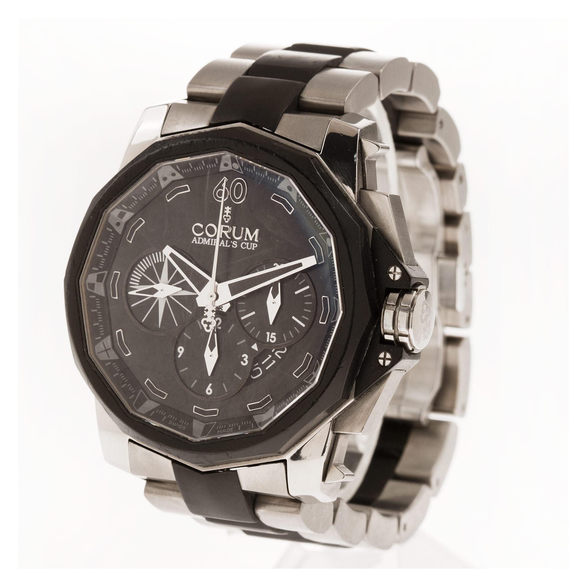 Corum Admirals Cup Seafender 48 Tides in titanium & stainless steel with black rubber bezel on a titanium & rubber band. Auto w/ subseconds, date and chronograph. Ref 277.931.06/0371/AN12. 48mm case size. Circa 2010s. Fine Pre-owned Corum Watch.
