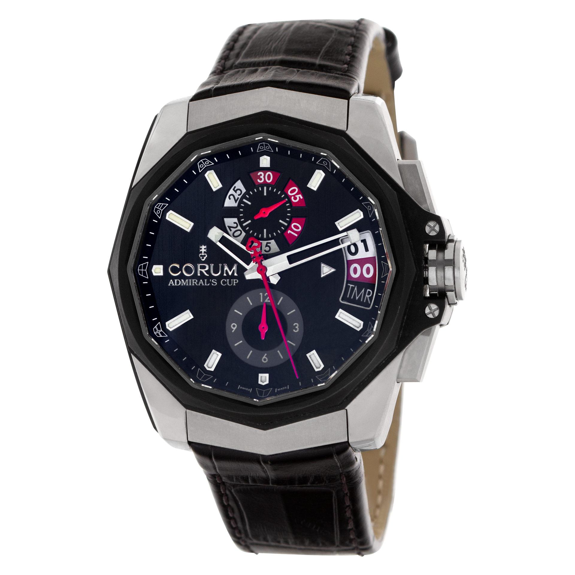 Corum Admirals Cup AC-One Chronograph 45 Regatta in titanium on a crocodile strap with deployant buckle. Auto w/ chronograph. 45 mm case size. With box and papers. Ref 040.101.04/0F01 AN10. Fine Pre-owned Corum Watch.

 Certified preowned Sport