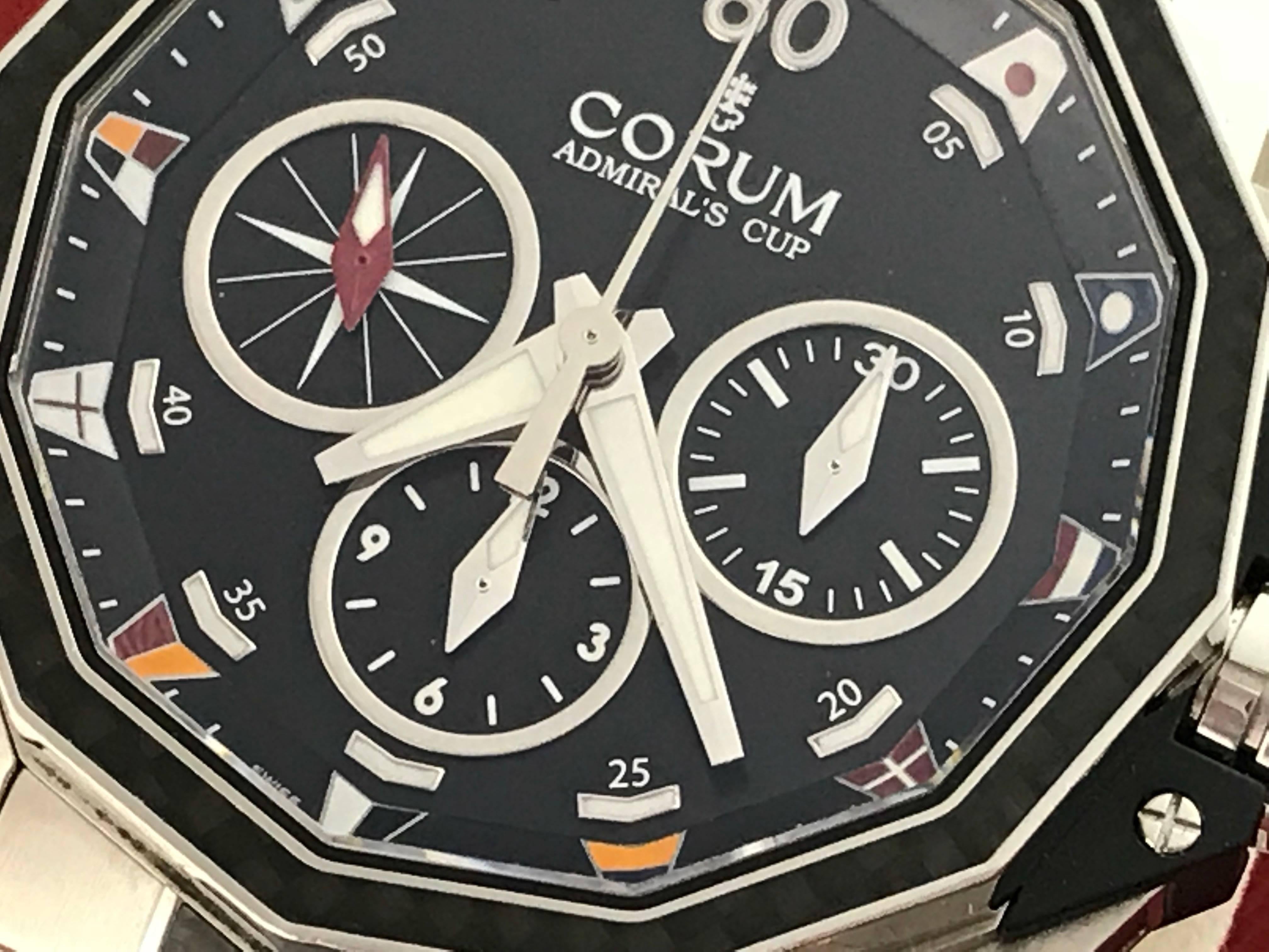 Corum Admiral's Cup Challenge 44 Model 44 986.691.11/V761 A
Pre Owned Mens Rattranpante (Split Seconds) Chronograph. Caliber CO986 Automatic Winding Movement with Thirty-One Jewels. Limited Edition of 1000 Individually Numbered Pieces.
Black Dial