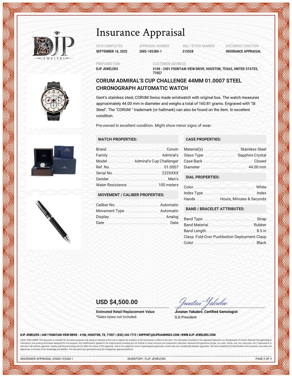 Orologio Corum Admiral's Cup Challenge 44MM 01.0007 Cronografo Automatico in Acciaio in vendita 10