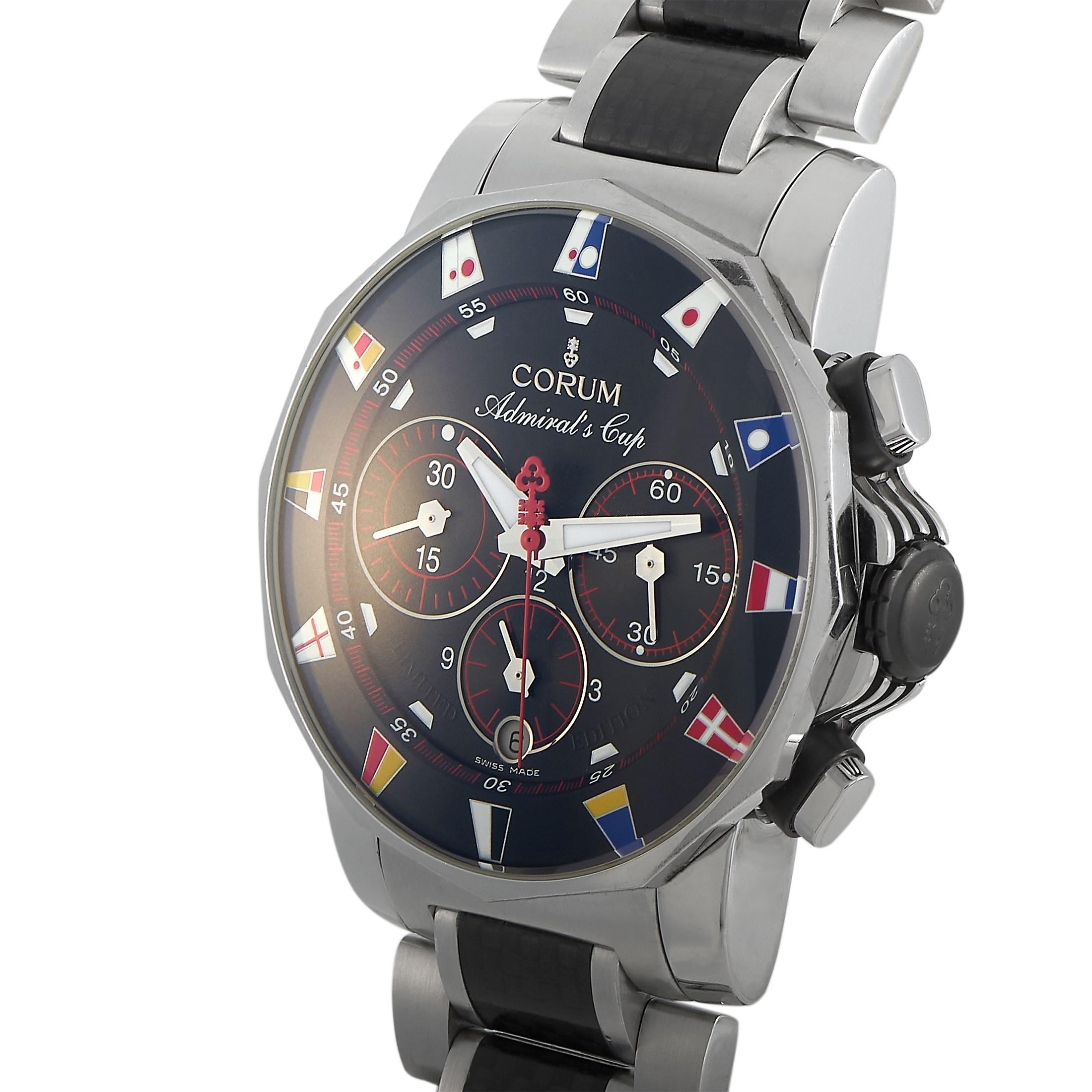 The Corum Admiral's Cup Chronograph 44 Regatta watch, reference number 985.631.20, is presented in an edition limited to 2,000 pieces, in honor of the Admiral's Cup yachting regatta.

This model comes with a stainless steel case that boasts