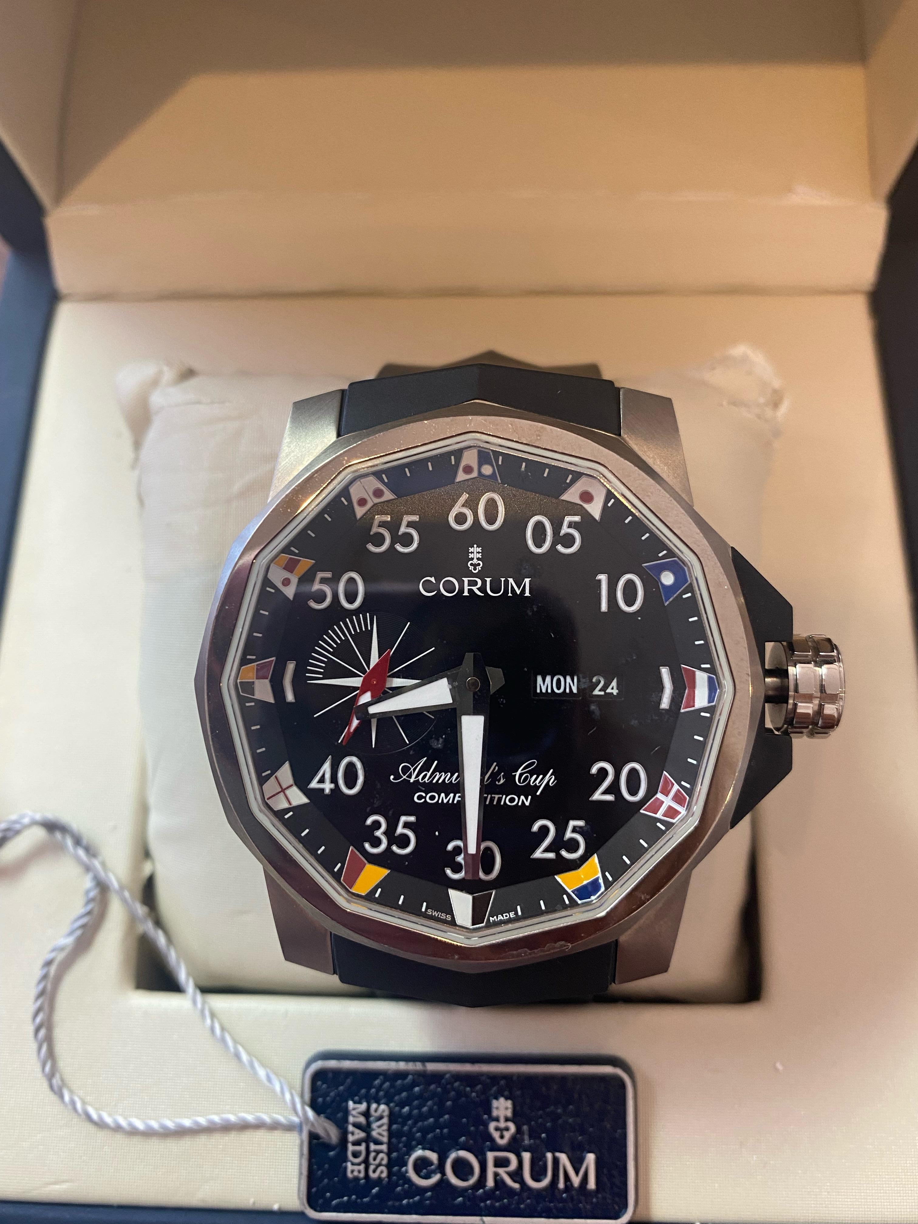 Corum Admiral's Cup Competition 48 featuring 10 international maritime signal flags in a polygonal bezel. 

Titanium represents the outstanding watchmaking spirit of the Swiss watchmaker, Corum. Swiss-made titanium with its signature polygonal