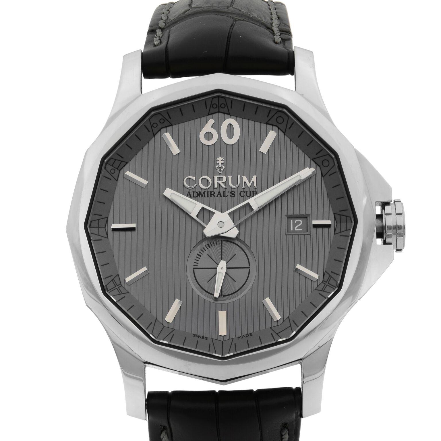This New Without Tags Corum Admirals Cup 395.101.20/0F01 is a beautiful men's timepiece that is powered by a mechanical (automatic) movement which is cased in a stainless steel case. It has a round shape face, date indicator dial, and has hand