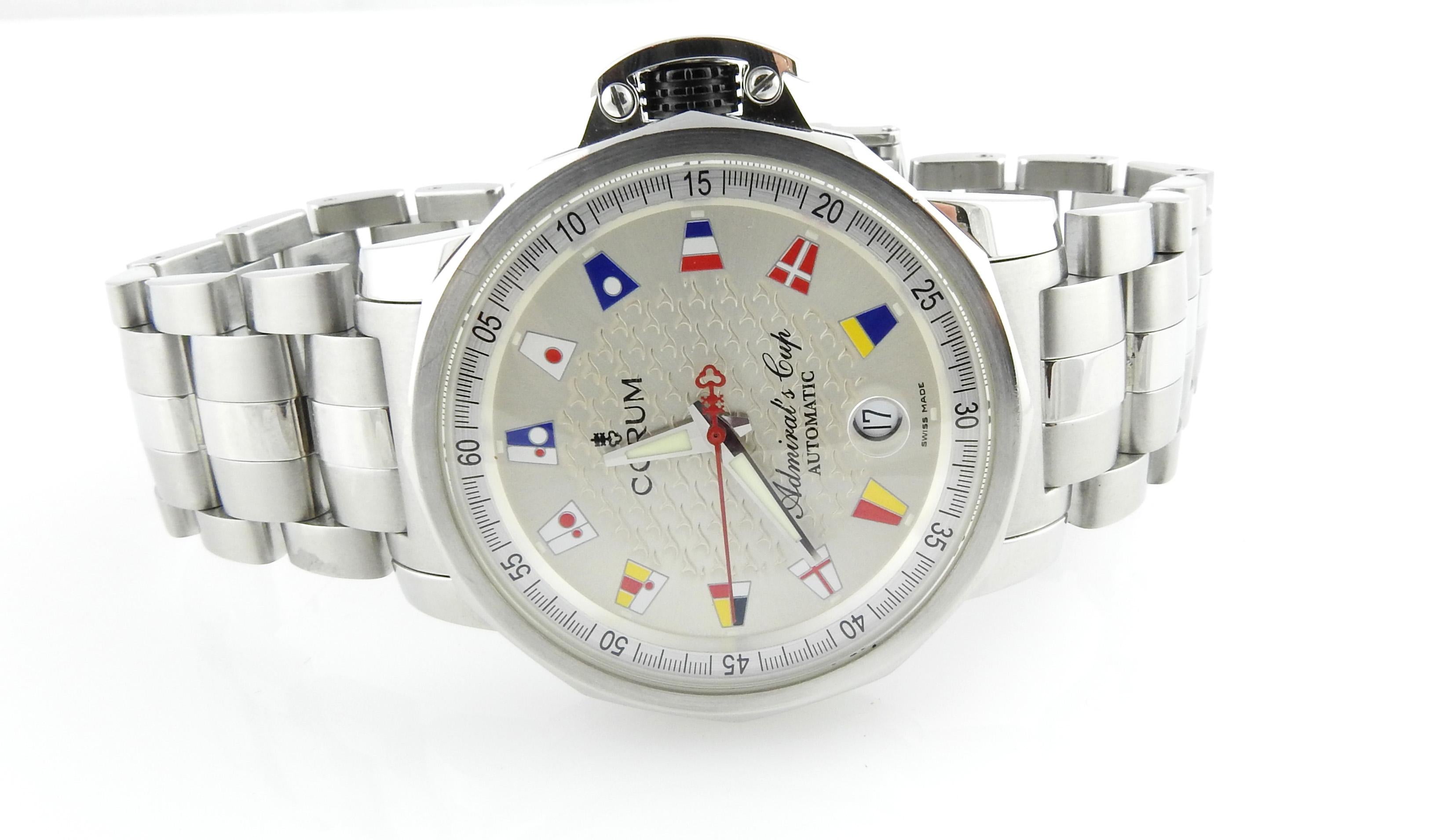 Corum Admiral's Cup Trophy 41 Men's Watch

This watch was purchased in 2006 and comes with all original boxes, warranty card and booklet.

Stainless Steel Case and bracelet - fits up to 8