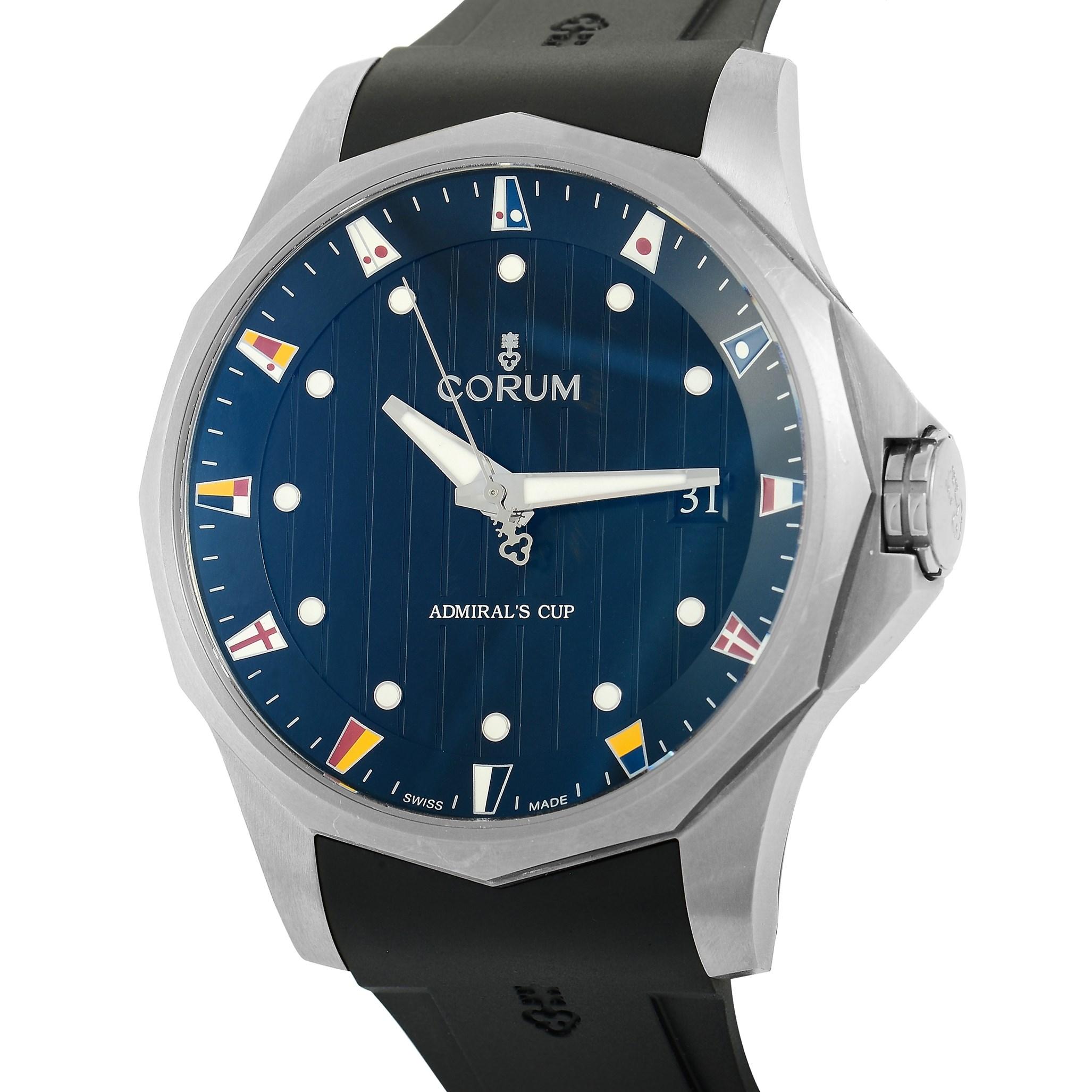 This Corum Admirals Cup Yachting Regatta 47 mm Stainless Steel Watch, reference number 01.0146, comes with a stainless steel case that measures 47 mm in diameter. The case is presented on a sleek black rubber strap with tang clasp. The blue textured