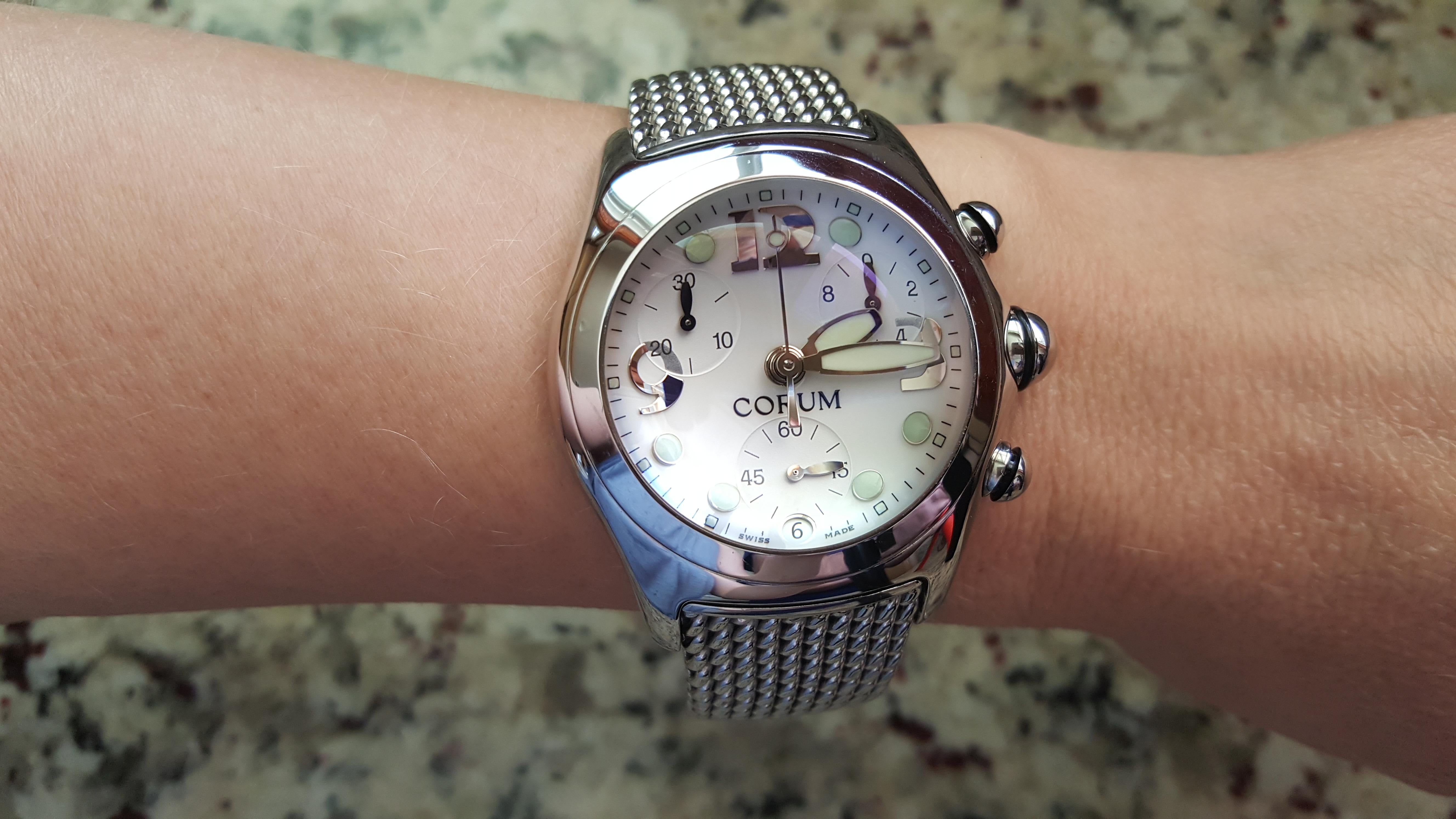 Corum Boutique Chronograph Bubble Stainless Steel Watch White, Model 390.150.20 In Excellent Condition In Rancho Santa Fe, CA