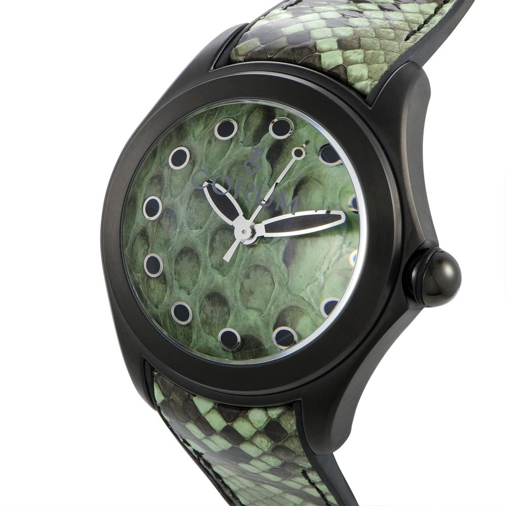 An astonishingly refreshing and ingeniously unconventional homage to the authentic beauty of nature, this majestic wristwatch from Corum, limited to 88 pieces, presents the remarkably slick and vividly colored pattern of the python in a perfectly