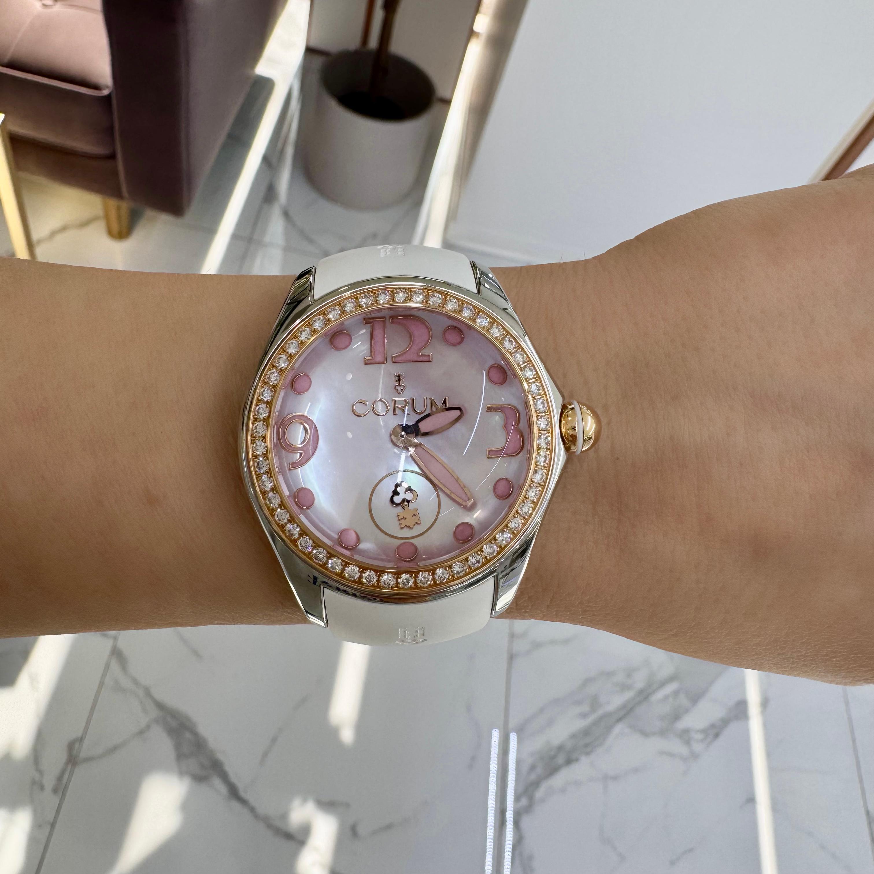 Corum Bubble 42MM L295 Pink Mop Diamond Bezel Rose Gold Stainless Steel Watch For Sale 2
