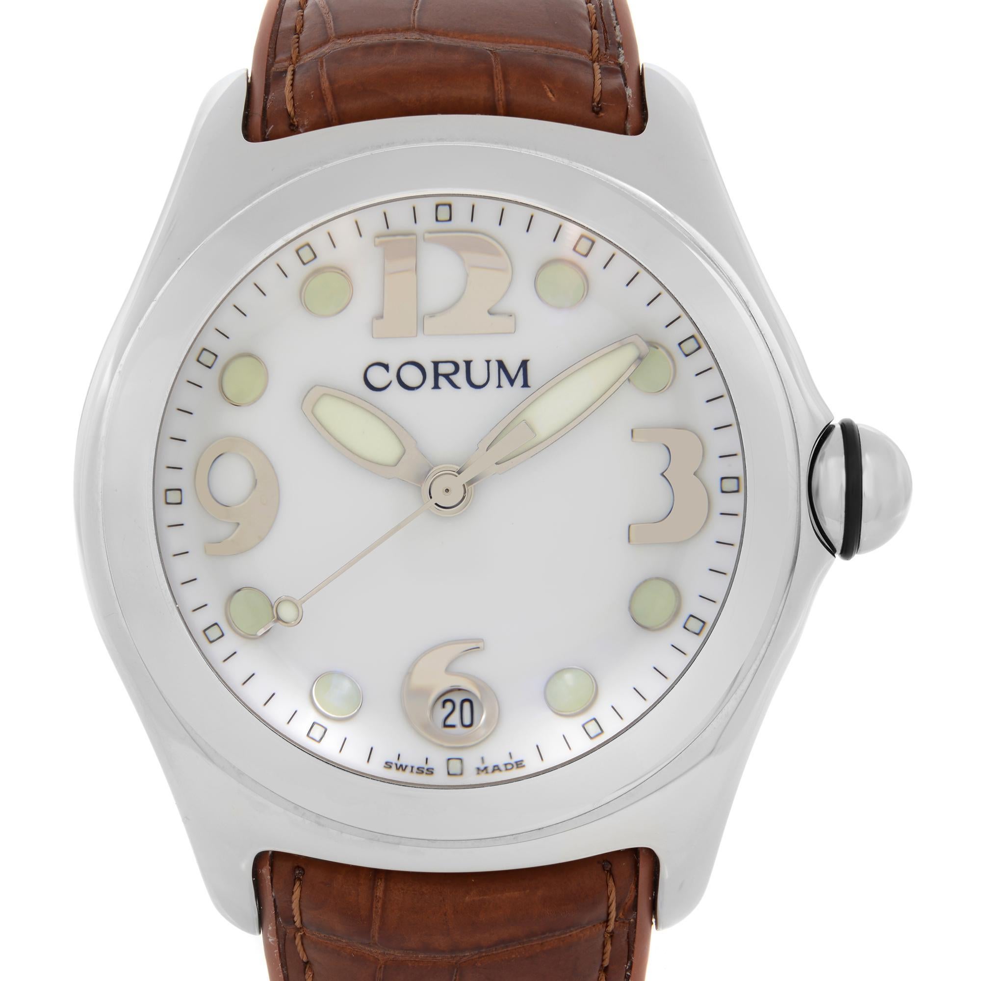 Pre-owned Corum Bubble XL 45mm Stainless Steel White Dial Leather Quarts Watch 163.150.20. This Beautiful Men's Timepiece is Powered by an Quartz Movement and Features: Stainless Steel Case with a Brown Leather Strap, Fixed Stainless Steel Bezel