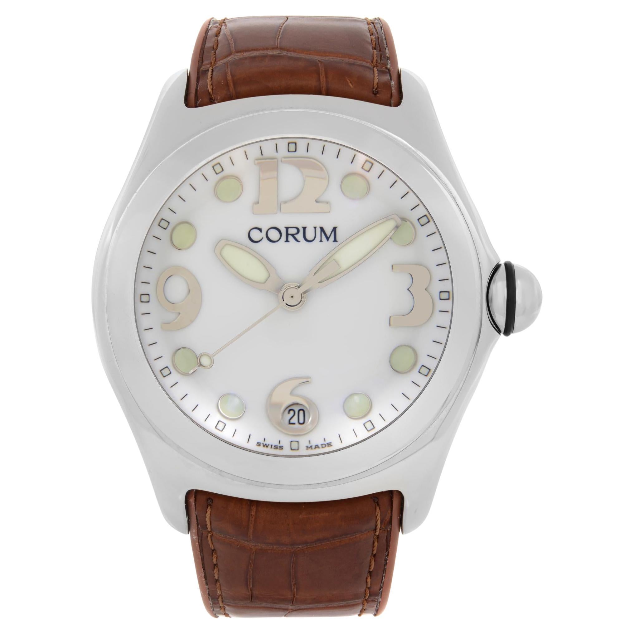 Corum Bubble Stainless Steel White Dial Leather Quarts Watch 163.150.20