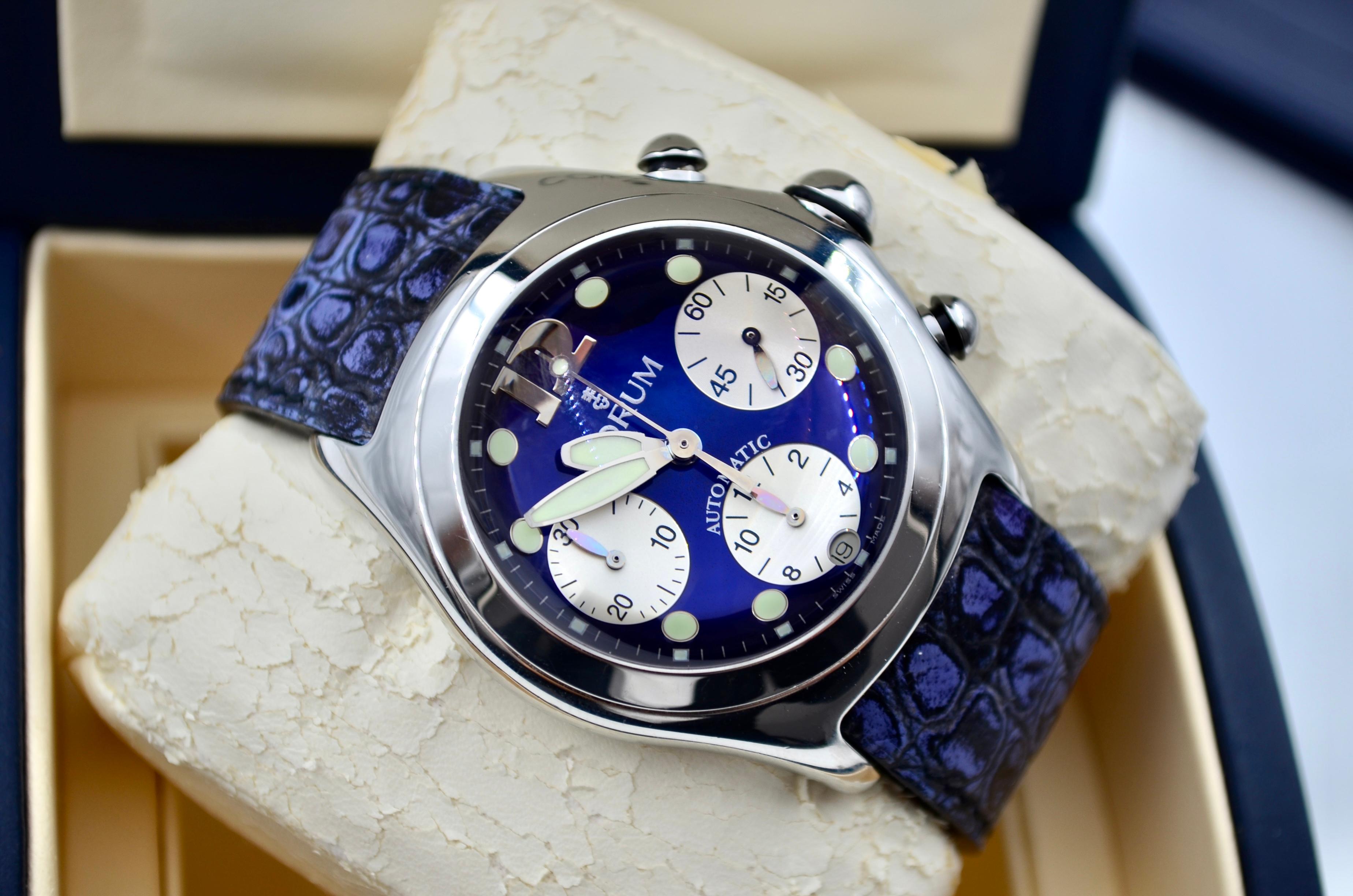 Corum Bubble Chronograph 45mm Blue Dial Steel Automatic Ref: 285.150.20 In Excellent Condition In București, RO