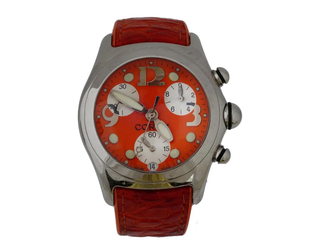 A vintage stainless steel chronometer wristwatch by Corum. Bubble collection. Ref. no. 711827, 396.150.20. Water resistant. Round case, polished bezel, three crowns. Orange dial with date window, three sub-dials, Arabic numerals and fluorescent