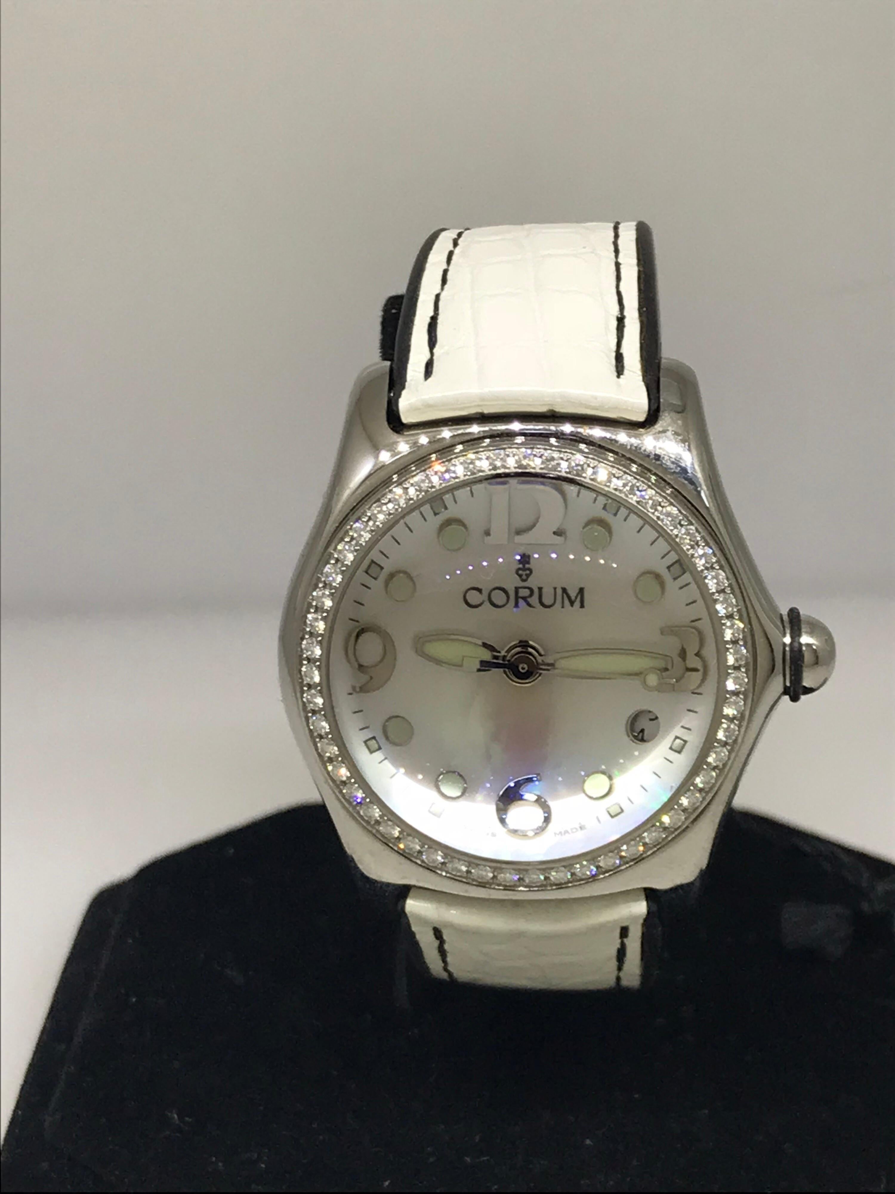 Corum Bubble Stainless Steel Diamond Bezel White Dial Ladies Watch 3915147 New For Sale 3
