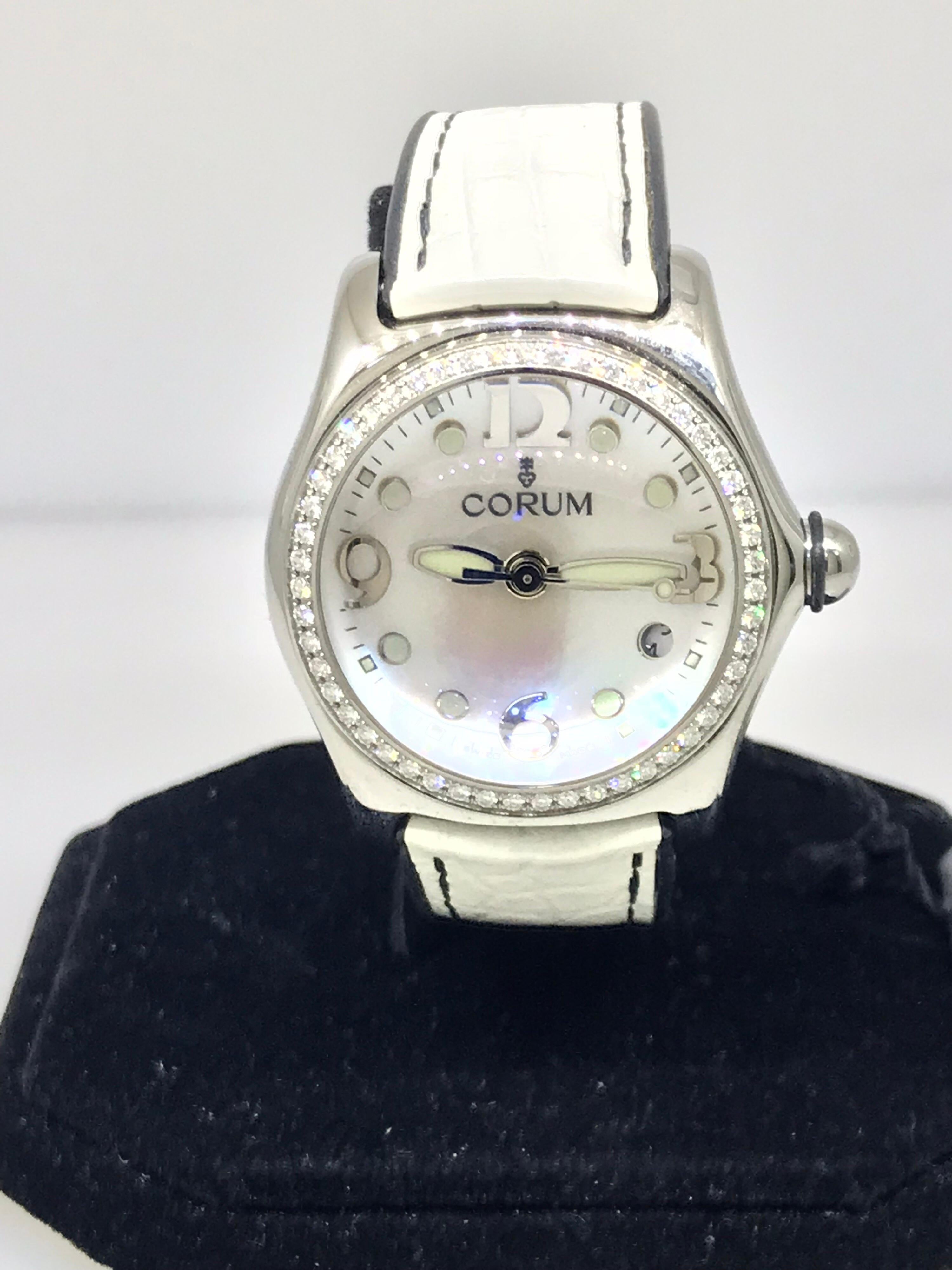 Corum Bubble Stainless Steel Diamond Bezel White Dial Ladies Watch 3915147 New In Excellent Condition For Sale In New York, NY