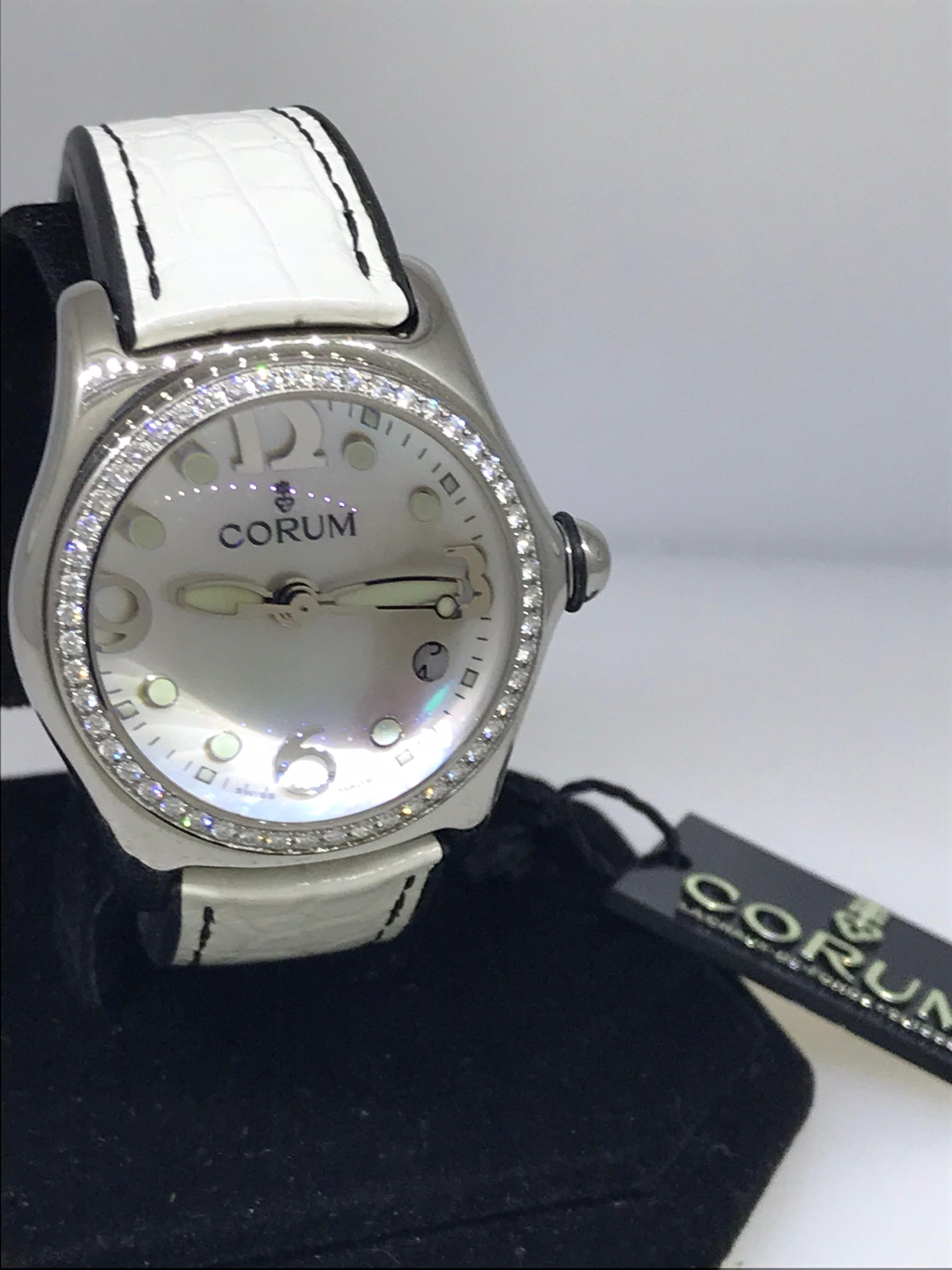 Women's Corum Bubble Stainless Steel Diamond Bezel White Dial Ladies Watch 3915147 New For Sale
