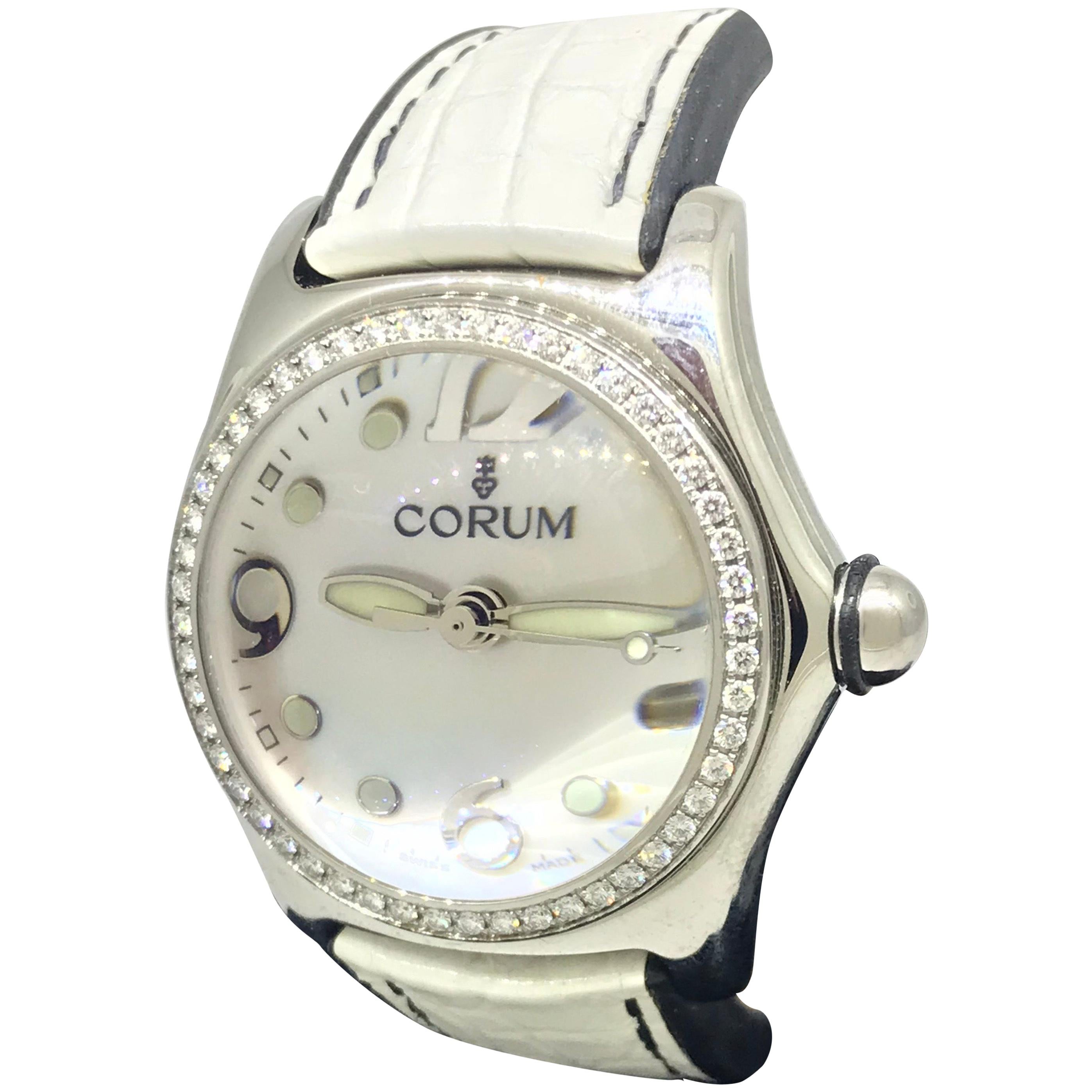 Corum Bubble Stainless Steel Diamond Bezel White Dial Ladies Watch 3915147 New For Sale