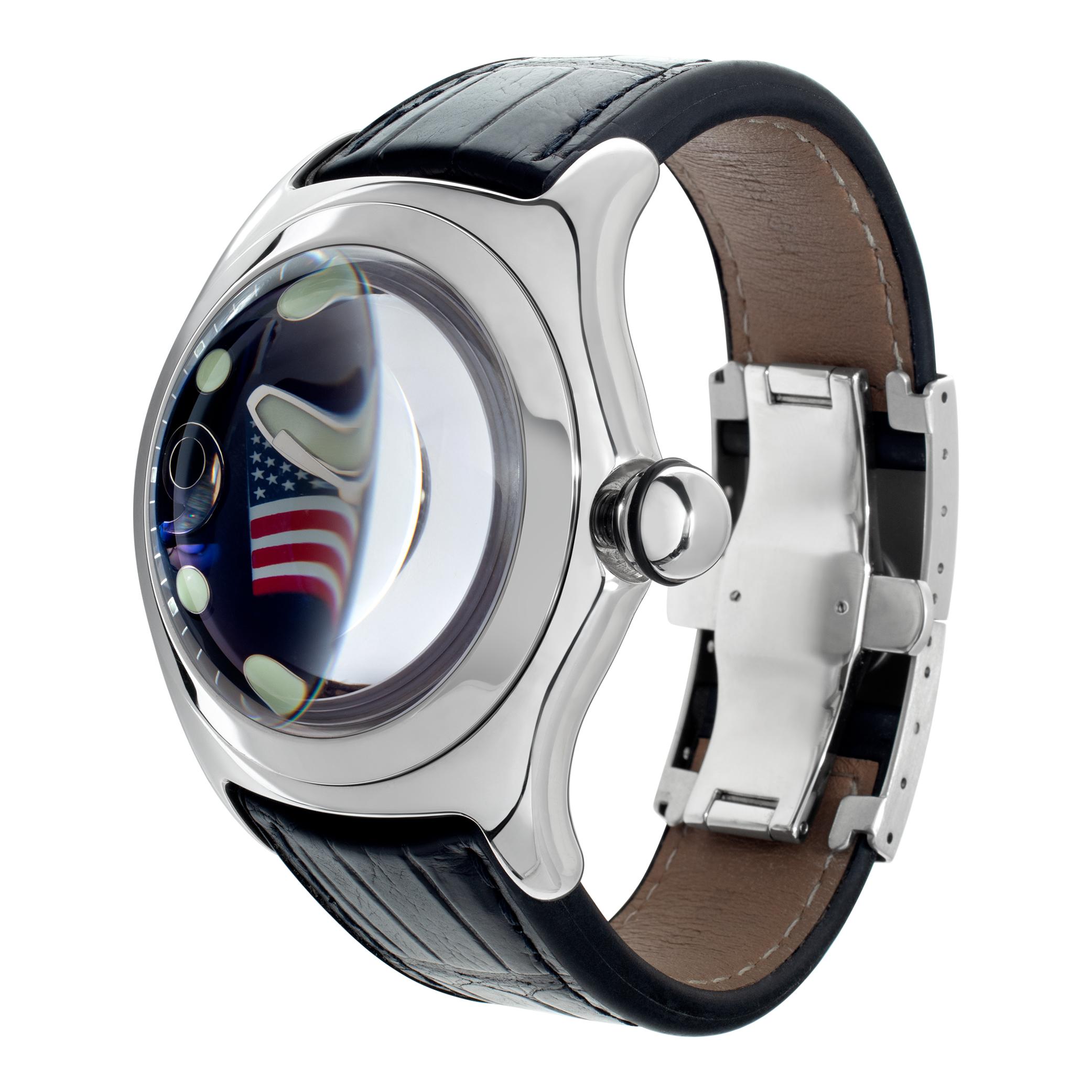 Corum Bubble with American flag dial in stainless steel on a black alligator strap. Quartz w/ sweep seconds and date. 44 mm case size. Ref 163.150.20. Fine Pre-owned Corum Watch.

 Certified preowned Sport Corum Bubble 163.150.20 watch is made out