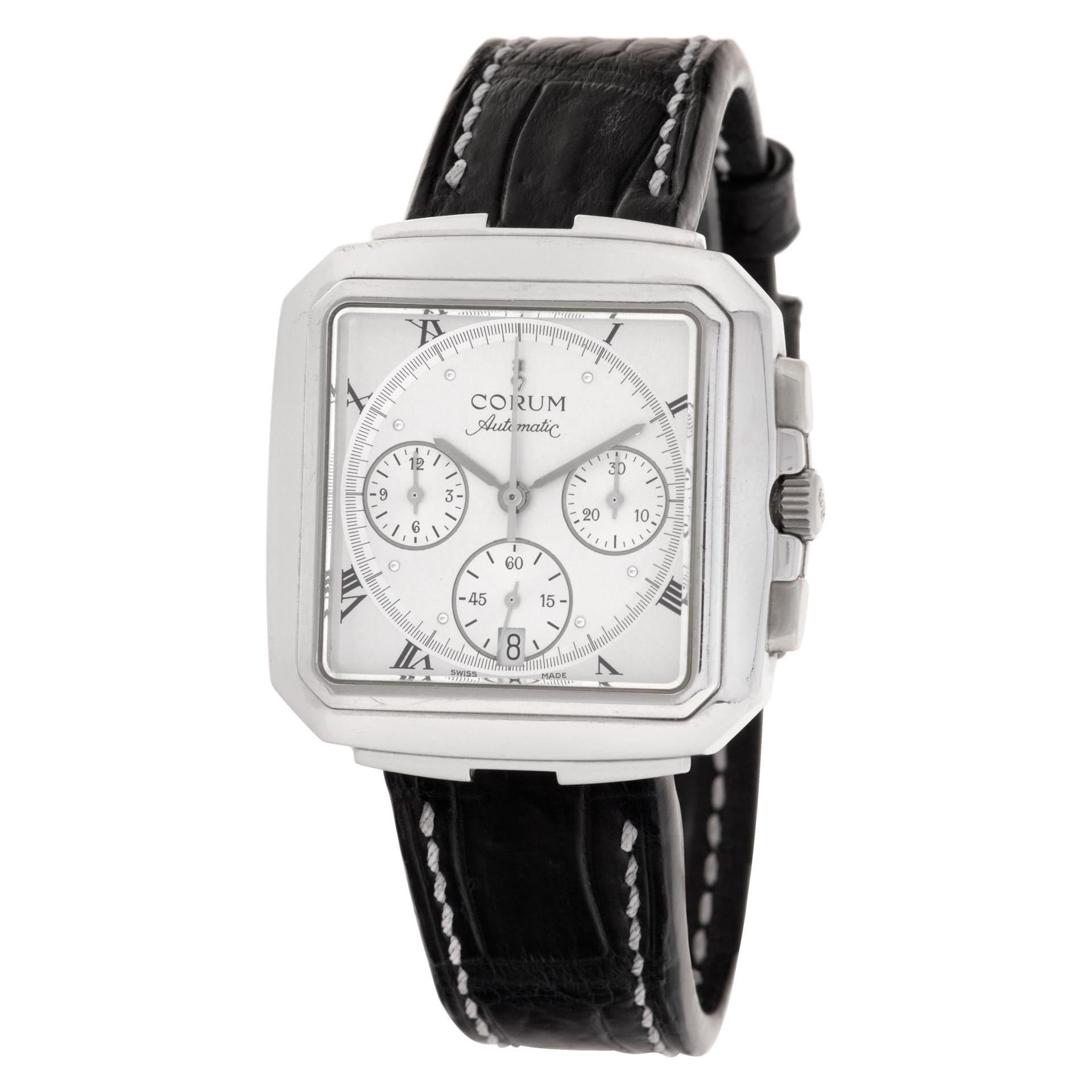 Corum Square Chronograph in platinum on leather strap with original Corum platinum tang buckle. Auto w/ subseconds, date and chronograph. 35.5 mm case size. Ref 296.121.70. Circa 2010s. Fine Pre-owned Corum Watch.  Certified preowned Sport Corum