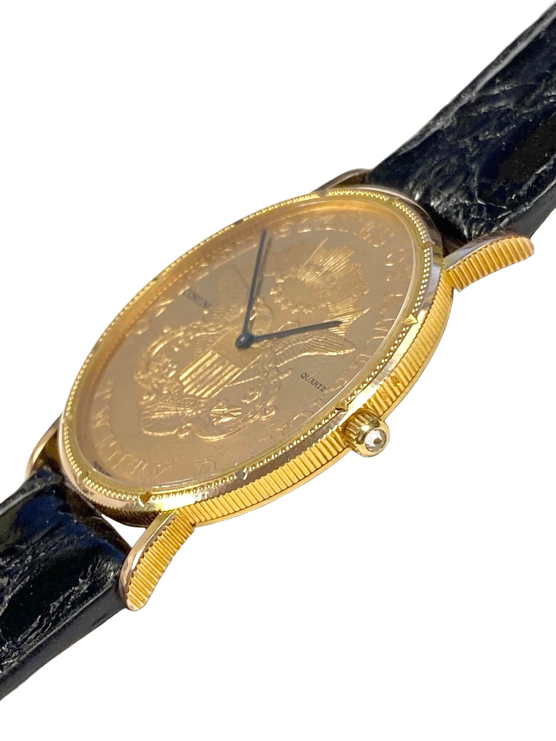 Circa 1990 Corum  U.S. $20 Gold Coin Wrist Watch, made from 2  1891 22k Gold $20 Gold coins, 35 M.M. 2 piece case with coin edge sides and coin edge bezel, Quartz movement. New Black padded Crocodile strap. Recently serviced and comes with a one