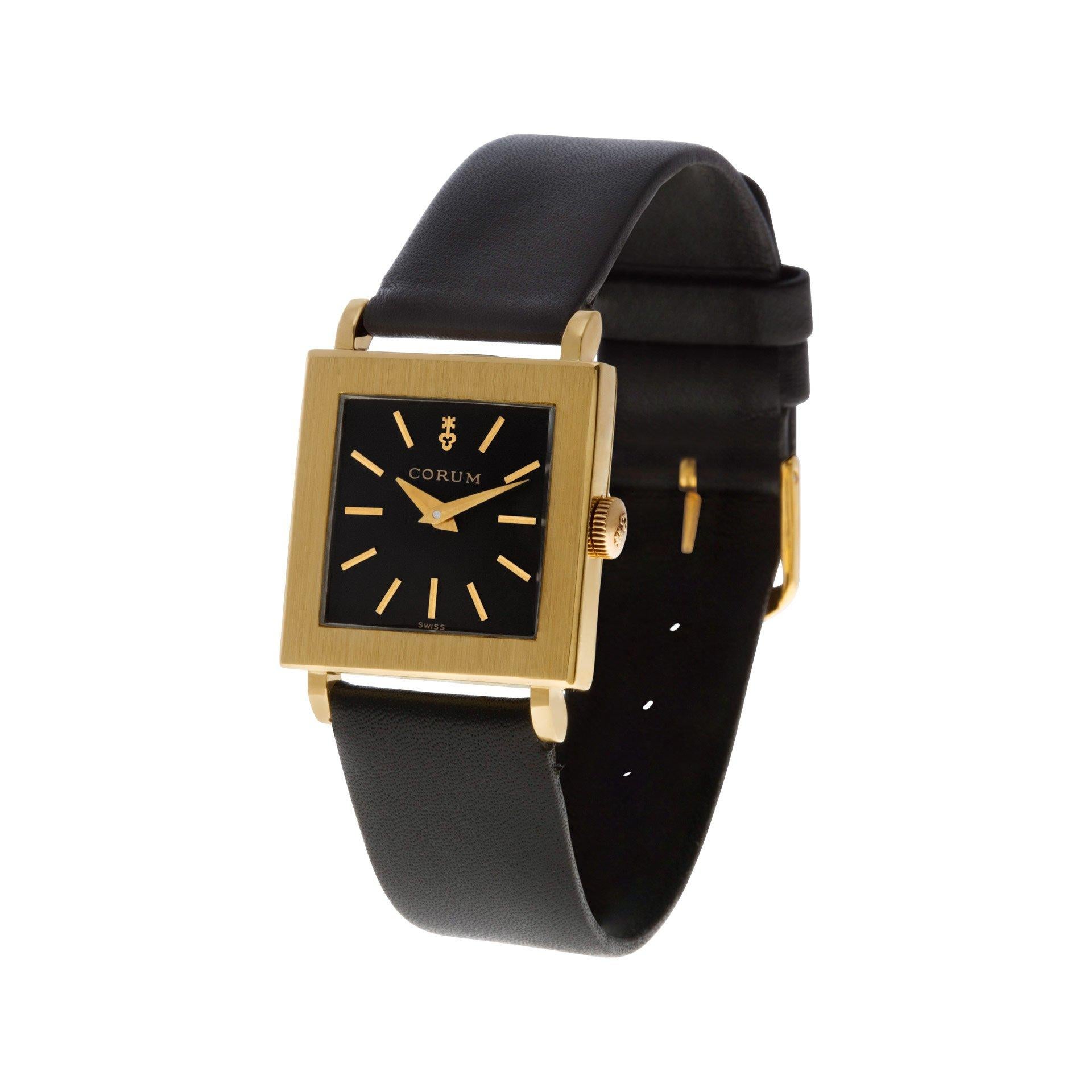 Corum in 18k on black leather strap. Manual. 25mm case size. Nice vintage piece! Circa 1960s. Fine Pre-owned Corum Watch.

Certified preowned Vintage Corum Classic watch is made out of yellow gold on a Black Leather strap with a Gold Plate tang