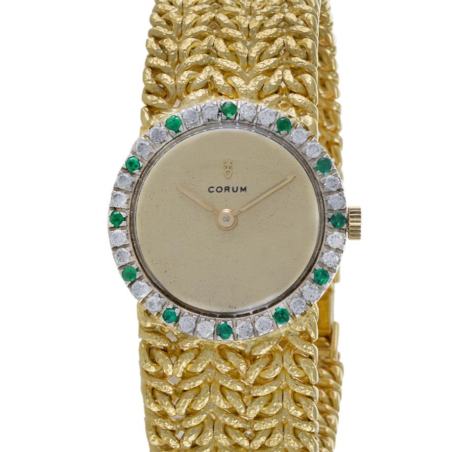 Round Cut Corum Cocktail Watch 18K Yellow Gold with Diamonds and Rubies For Sale