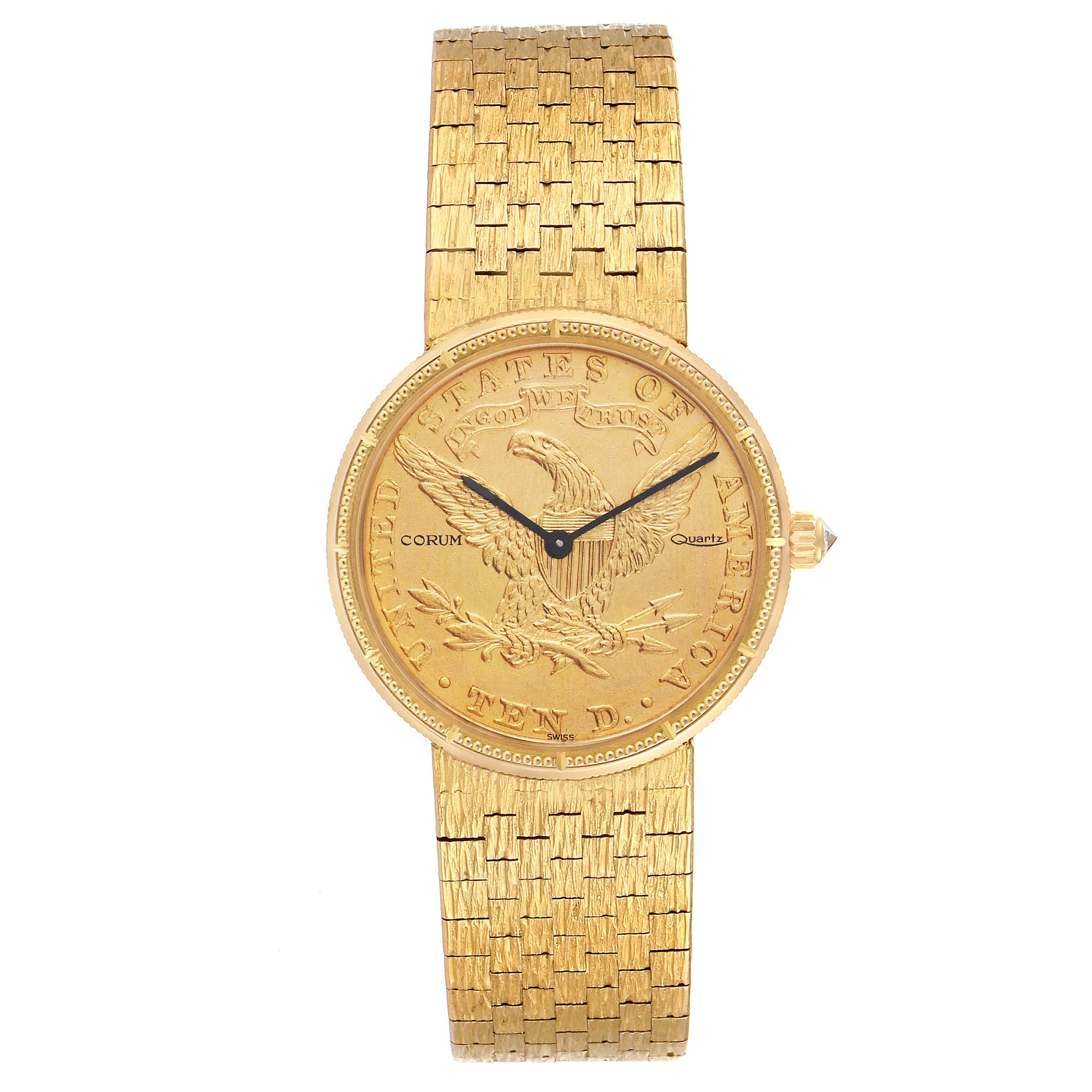 Corum Coin 10 Dollars Double Eagle Yellow Gold Ladies Watch 1901. Quartz movement. 18k yellow gold case with 22k coin 28 mm in diameter. Coin edge. Circular grained crown set with diamond. . Mineral glass crystal. 22K coin. Black baton hands. 18k