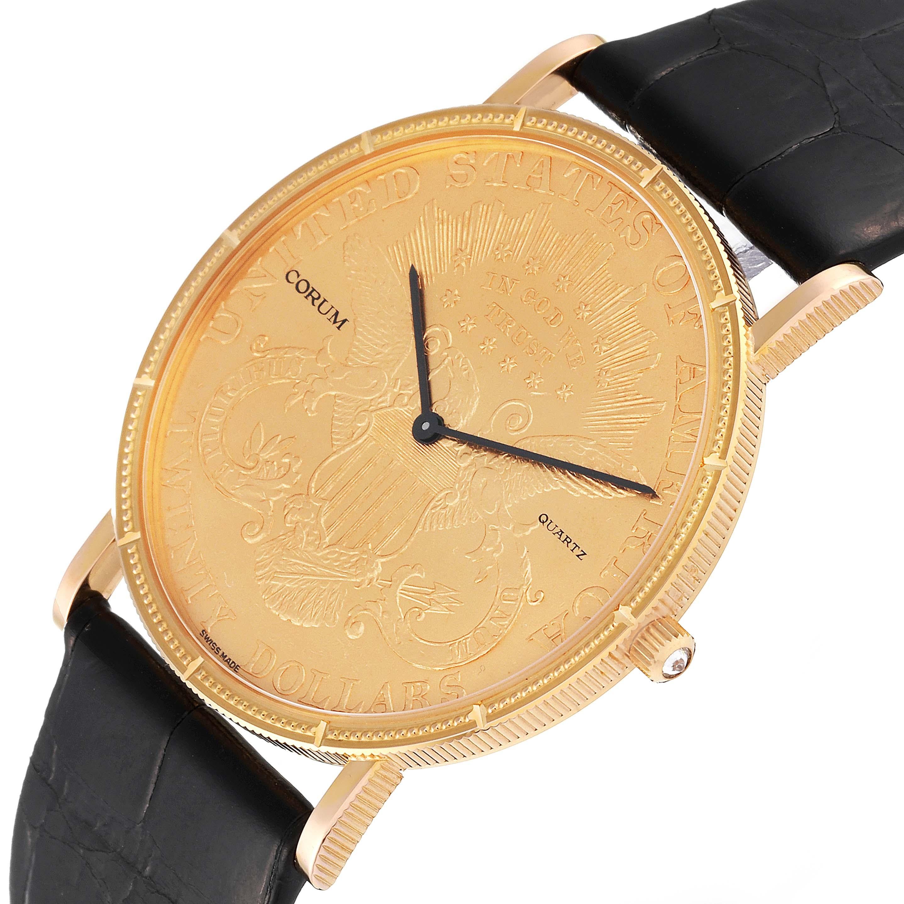 Corum Coin 20 Dollars Double Eagle Yellow Gold Mens Watch 1907. Quartz movement. 18k yellow gold case with 22k coin 35.5 mm in diameter. Coin edge. . Mineral glass crystal. 22k twenty dollar coin with black baton hands. Black leather strap with an