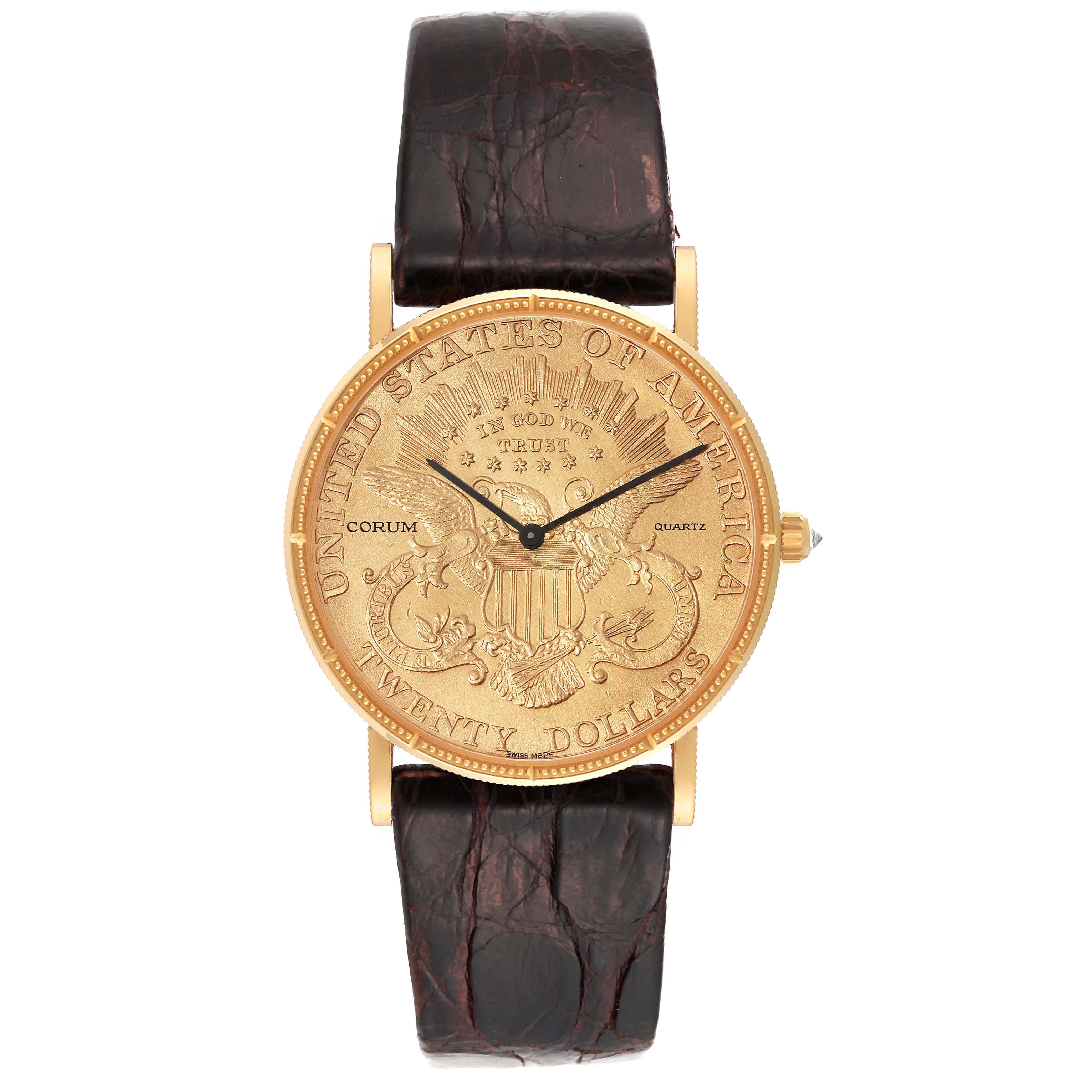 Corum Coin 20 Dollars Double Eagle Yellow Gold Mens Watch 4414556 Box Papers. Quartz movement. 18k yellow gold case with 22k coin 35.5 mm in diameter. Coin edge. . Mineral glass crystal. 22k coin with black baton hands. Brown leather strap with