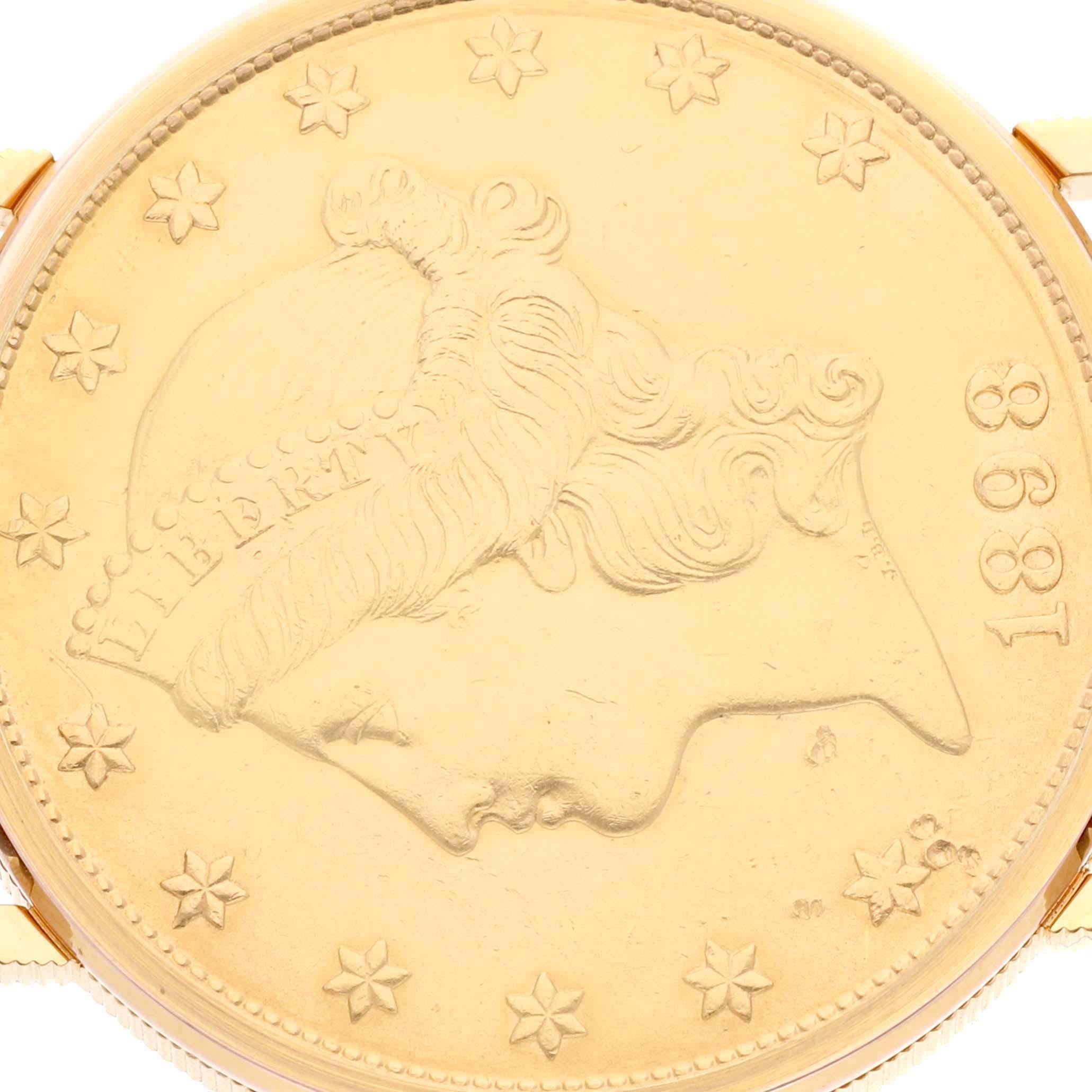Corum Coin 20 Dollars Double Eagle Yellow Gold Mens Watch 4708590. Quartz movement. 18k yellow gold case with 22k coin 35.5 mm in diameter. Coin edge. . Mineral glass crystal. 22K coin with black baton hands. Brown leather strap with tang buckle.