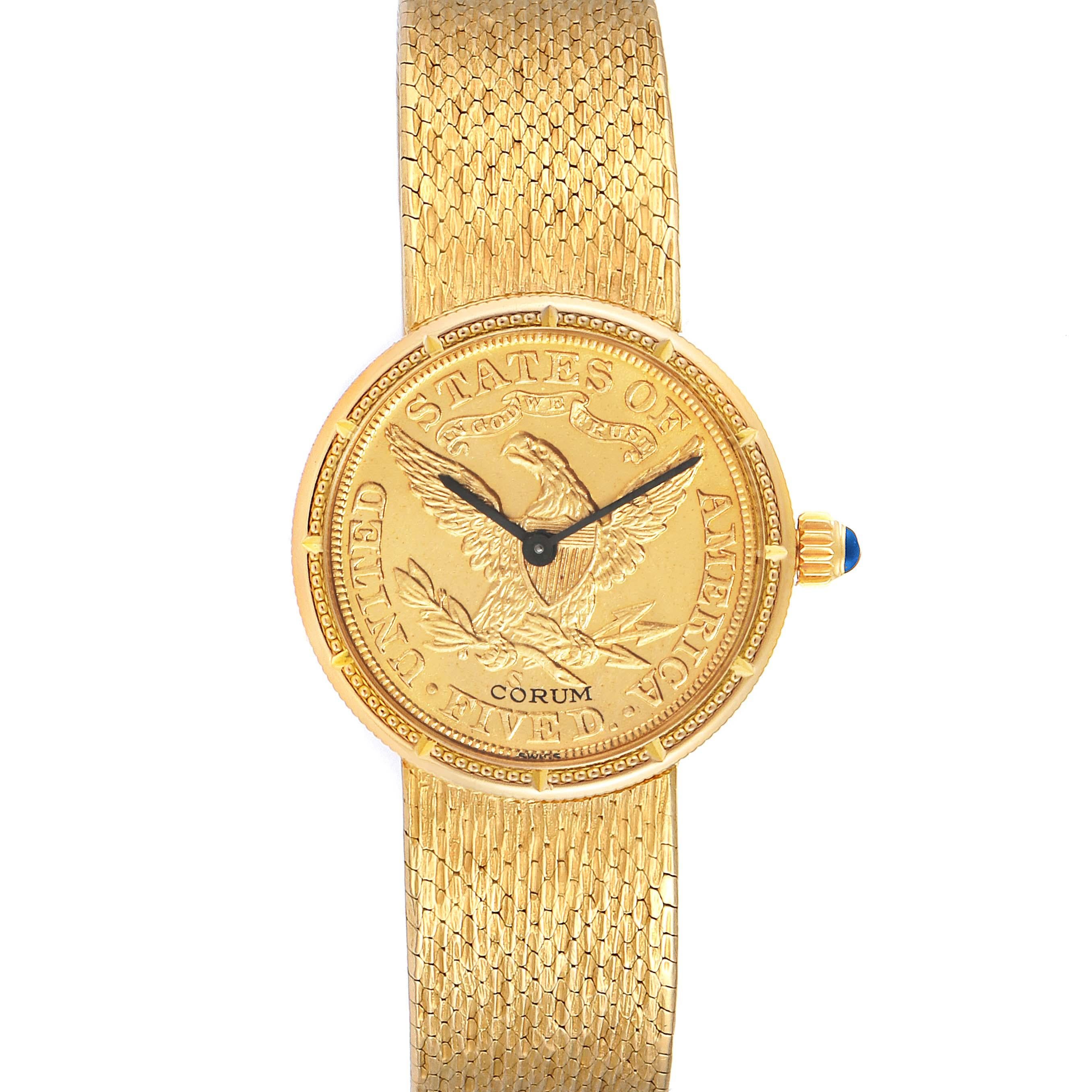 Corum Coin 5 Dollars Double Eagle Yellow Gold Ladies Watch 1902. Manual winding movement. 18k yellow gold case with 22k coin 24 mm in diameter. Coin edge. Circular grained crown. . Mineral glass crystal. 22K coin. Black baton hands. 18k yellow gold