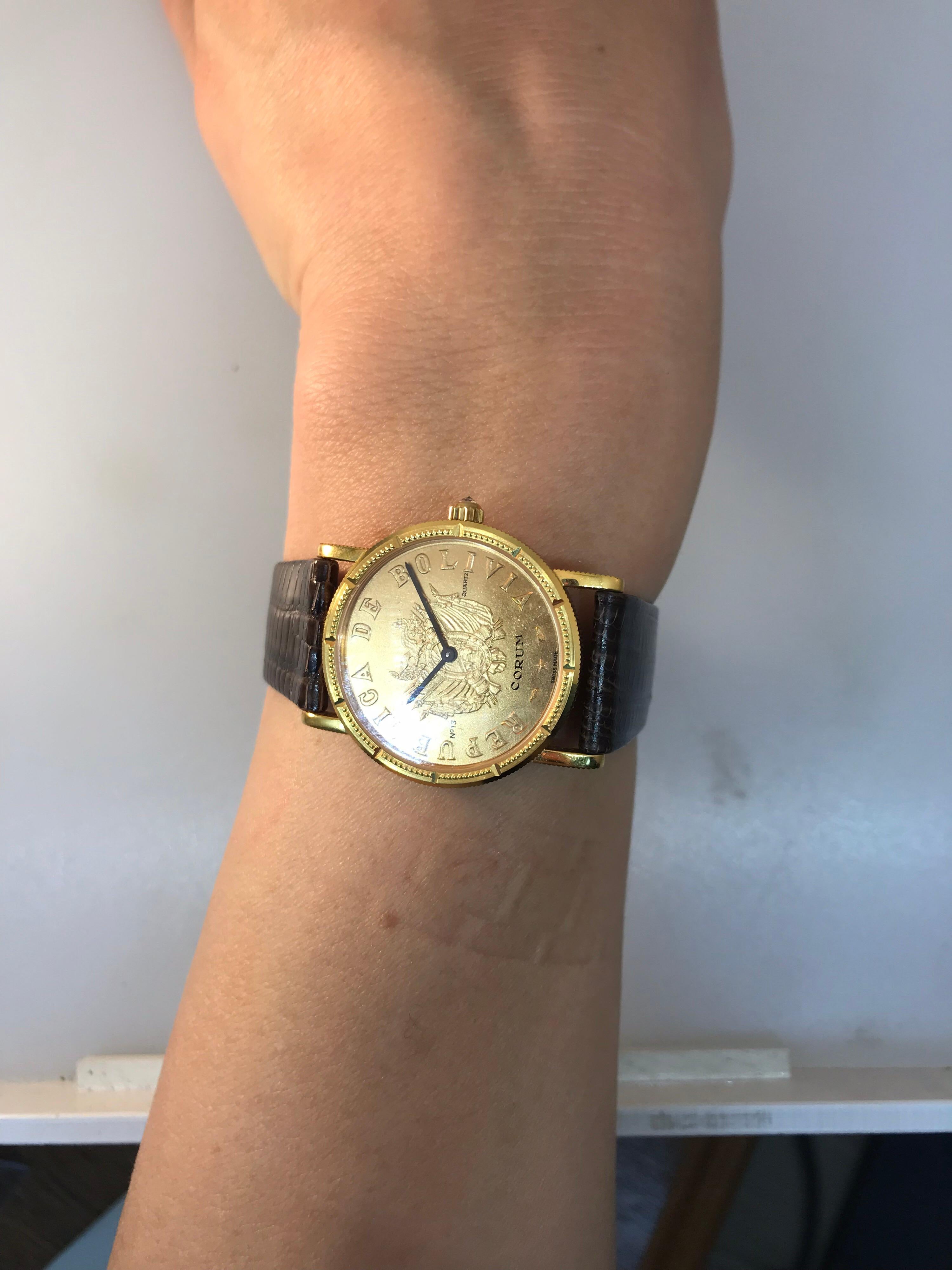 Corum Coin Yellow Gold Brown Leather Band Quartz Ladies Watch 4414756 New For Sale 6