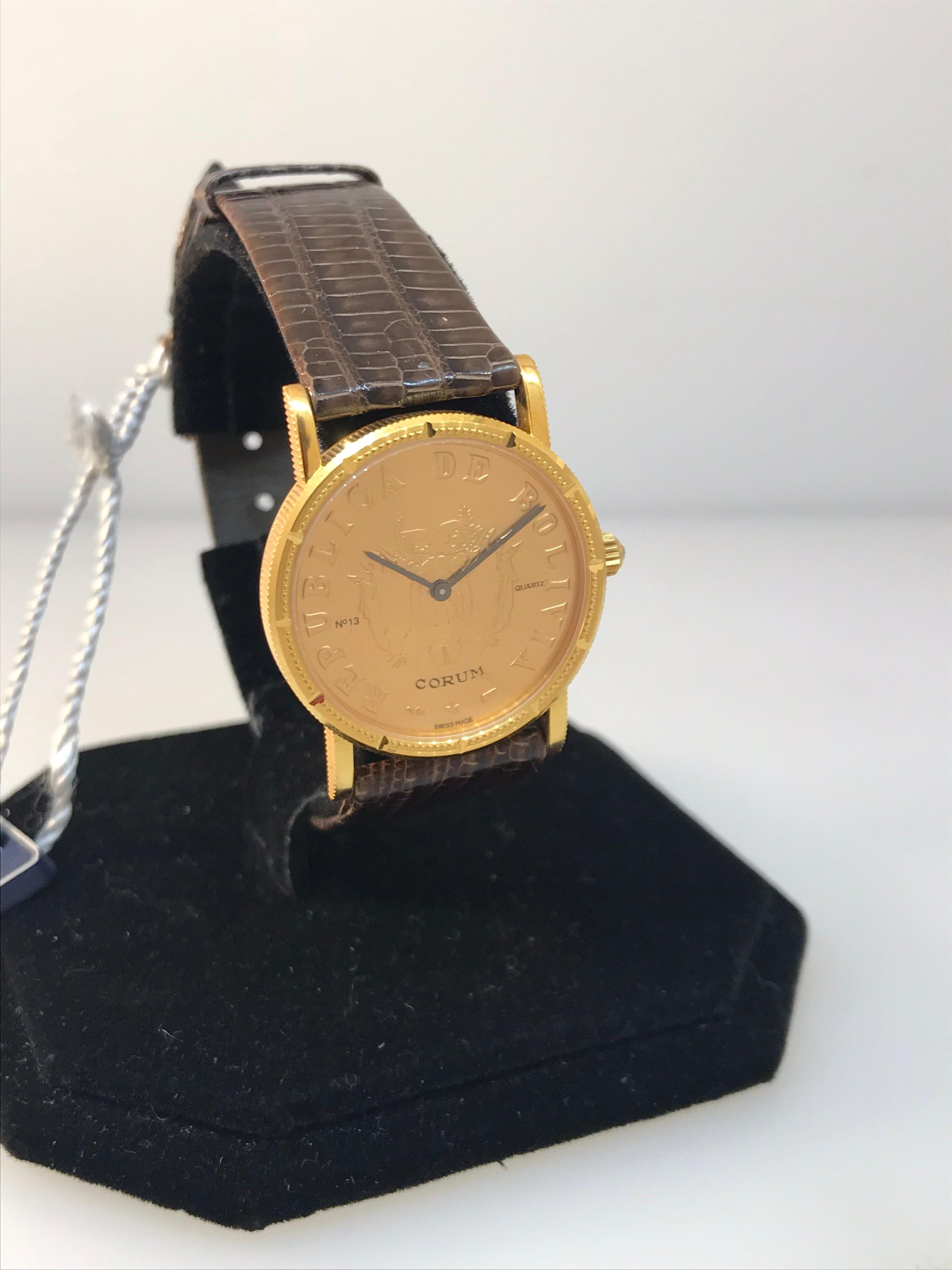 Corum Coin Yellow Gold Brown Leather Band Quartz Ladies Watch 4414756 New In Excellent Condition For Sale In New York, NY