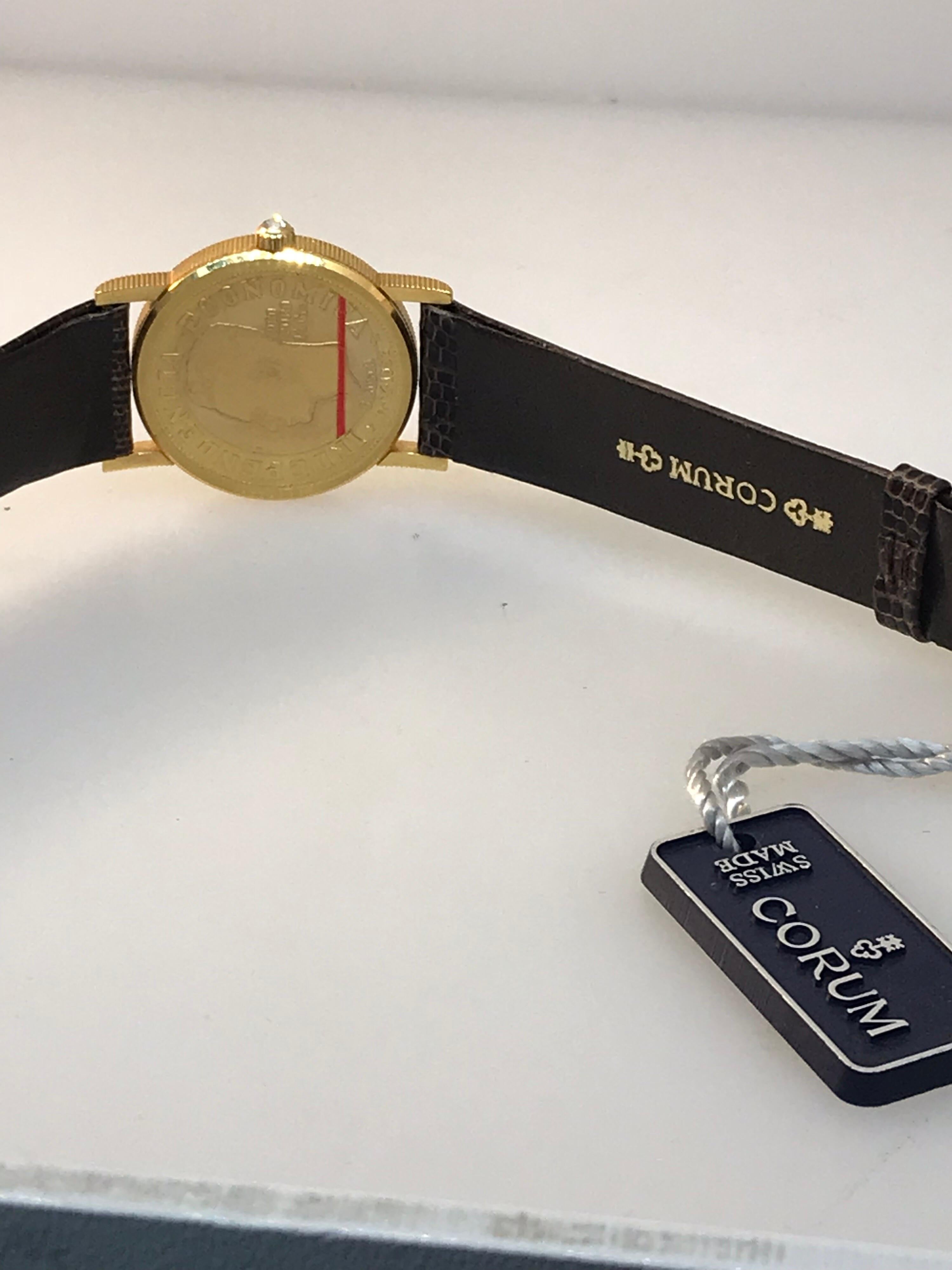 Corum Coin Yellow Gold Brown Leather Band Quartz Ladies Watch 4414756 New For Sale 4