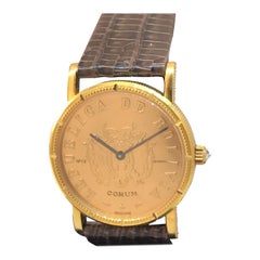 Corum Coin Yellow Gold Brown Leather Band Quartz Ladies Watch 4414756 New